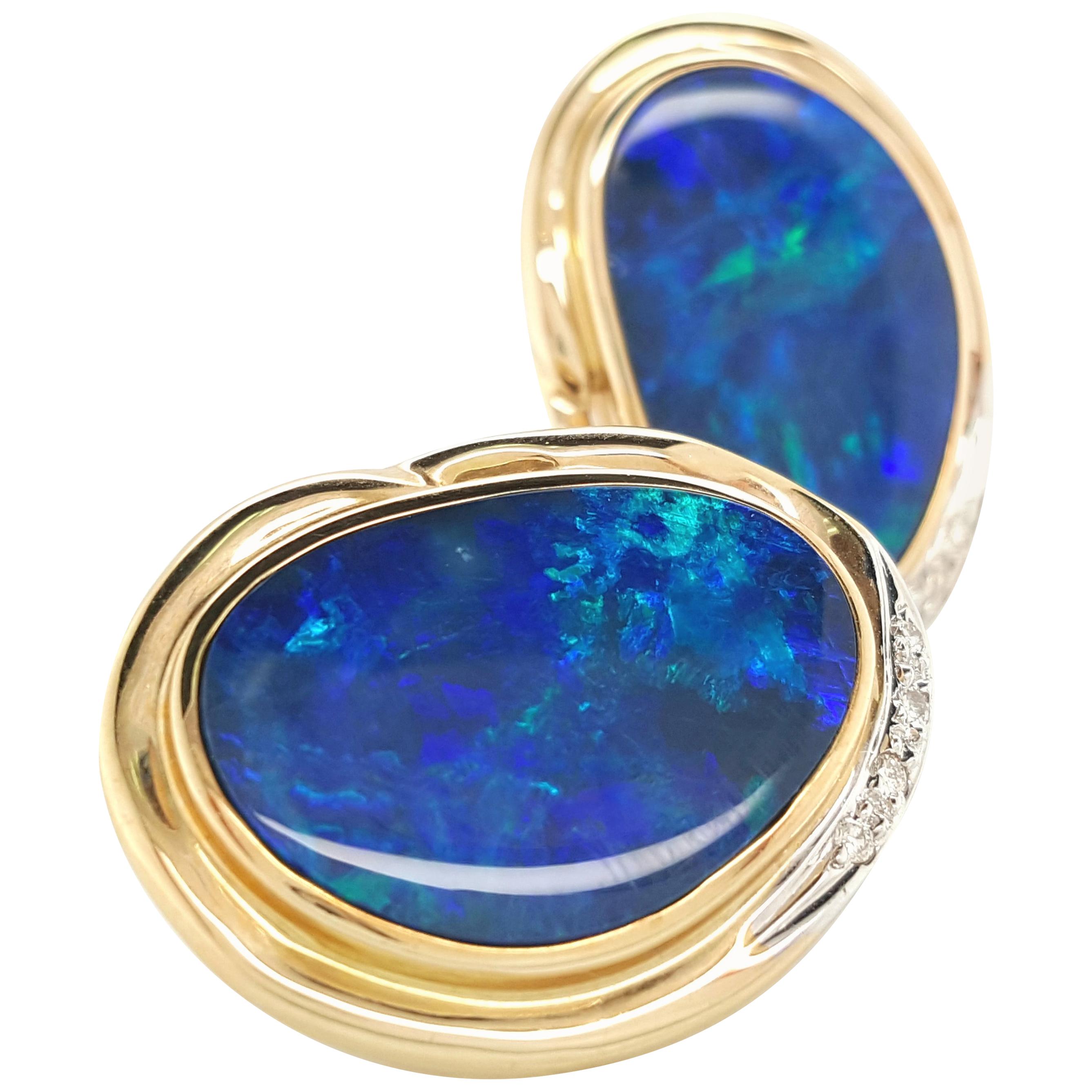 Natural Opal and diamond Stud Earrings Encased in 14 Karat Yellow Gold Bezels
