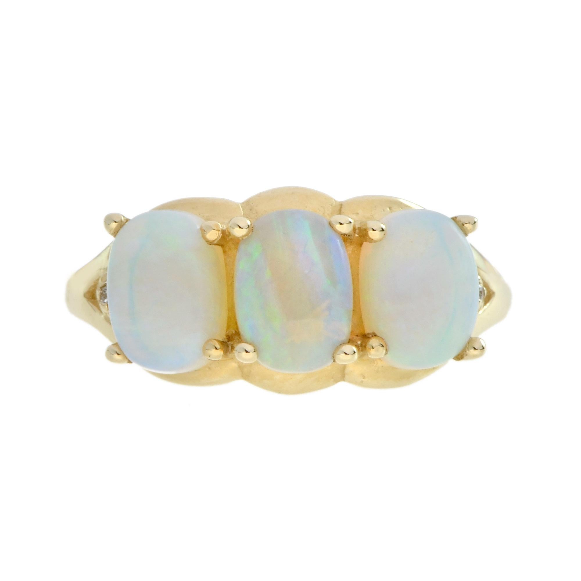 An Art Deco style filigree three stone ring with 7x5 mm natural opals and 1 mm. diamond each side. Filigree rings are timeless in style and can be enjoyed, cherished and handed down as precious family heirlooms.

Ring Information
Style:
