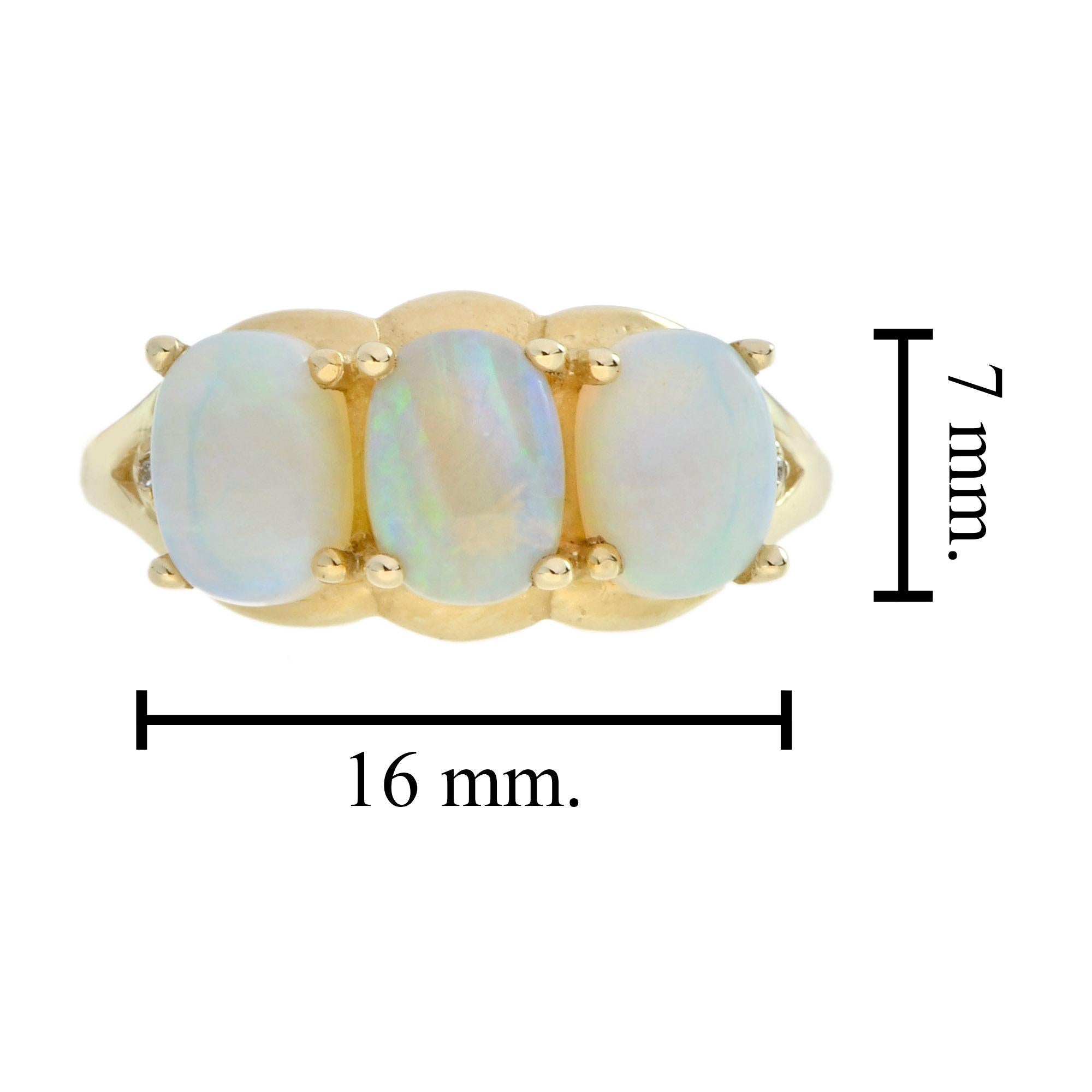 Art Deco Natural Opal and Diamond Three Stone Ring in 9K Yellow Gold