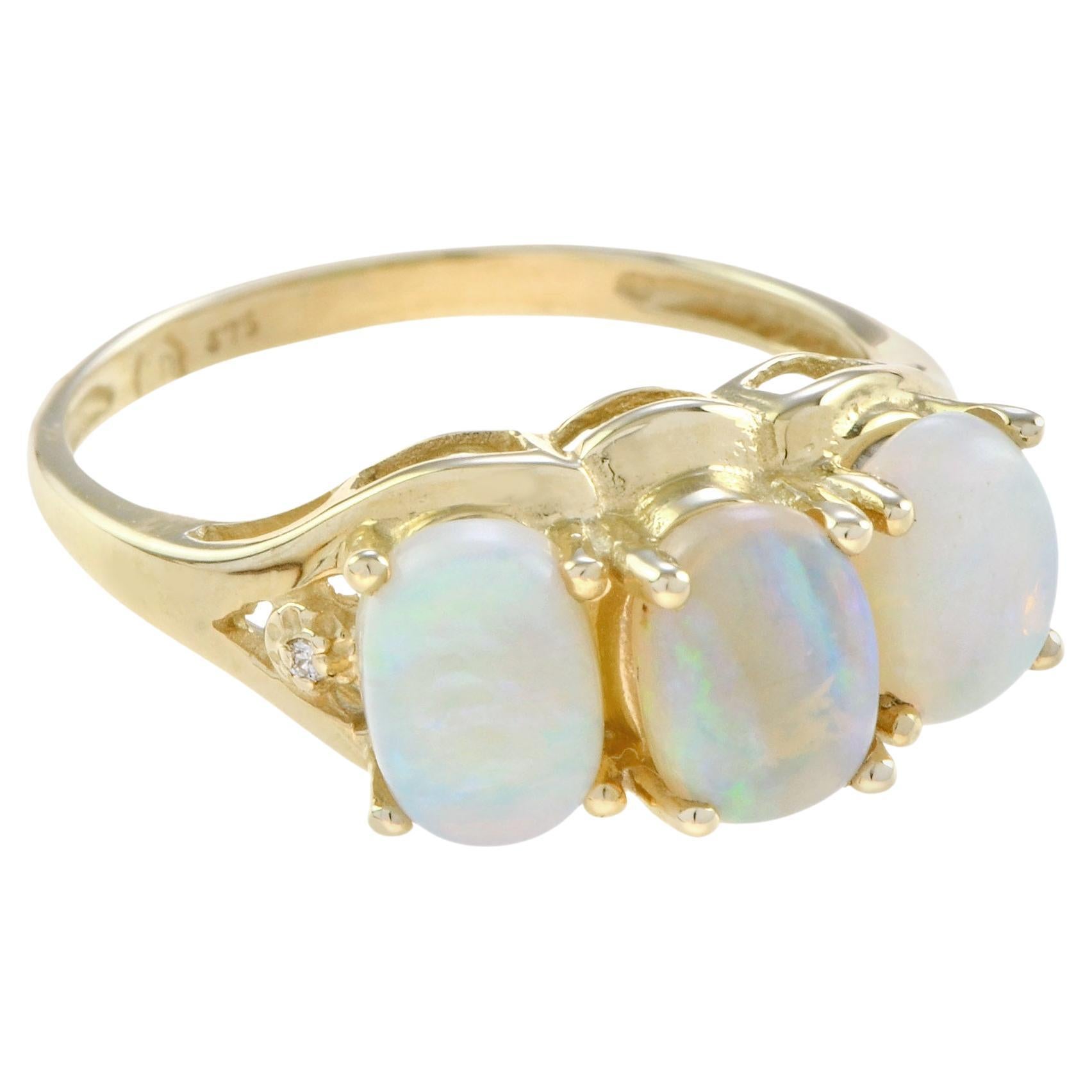 Natural Opal and Diamond Three Stone Ring in 9K Yellow Gold