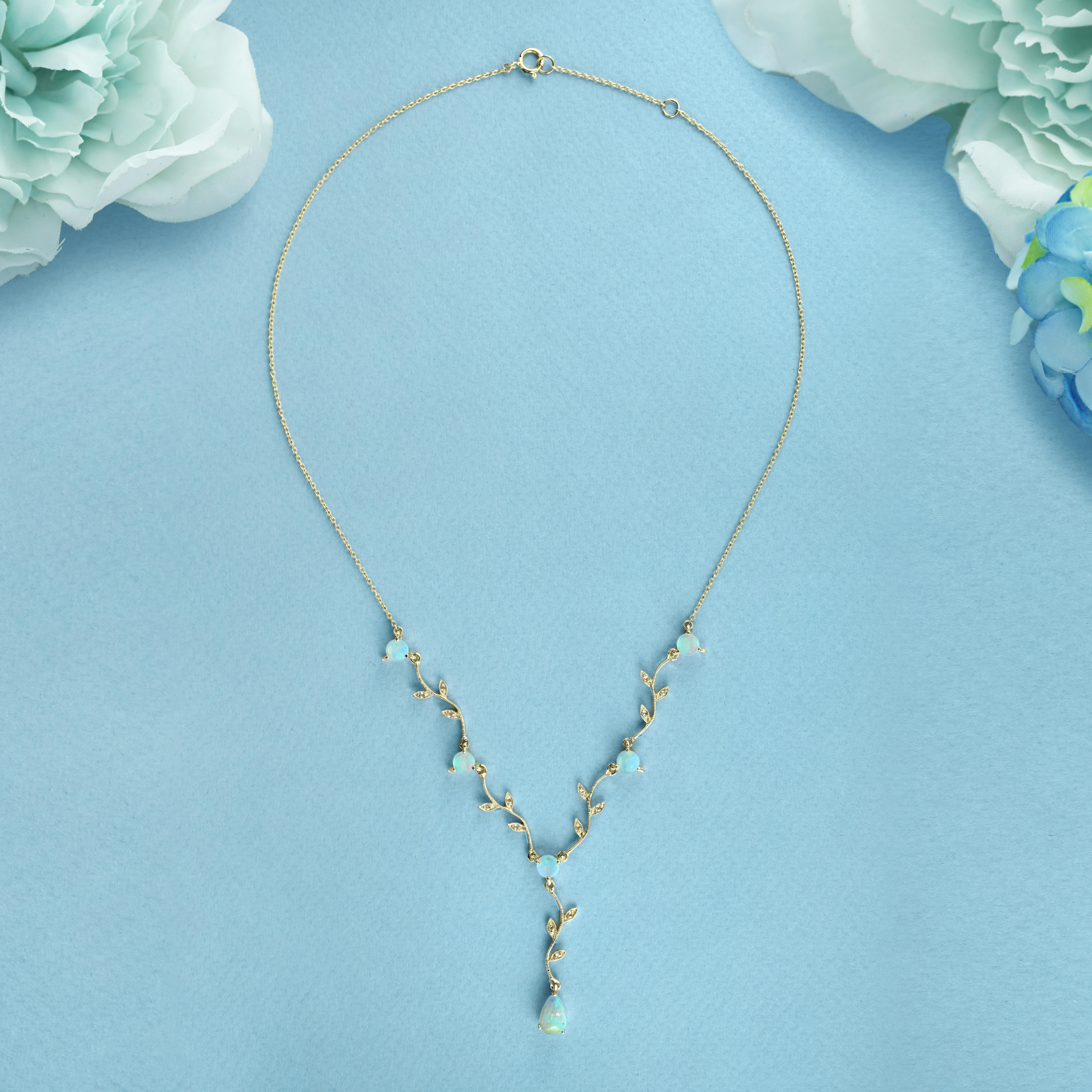 Edwardian Natural Opal and Diamond Victorian Style Floral Vine Necklace in 9K Yellow Gold For Sale