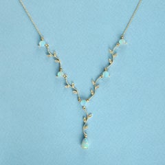 Natural Opal and Diamond Victorian Style Floral Vine Necklace in 9K Yellow Gold