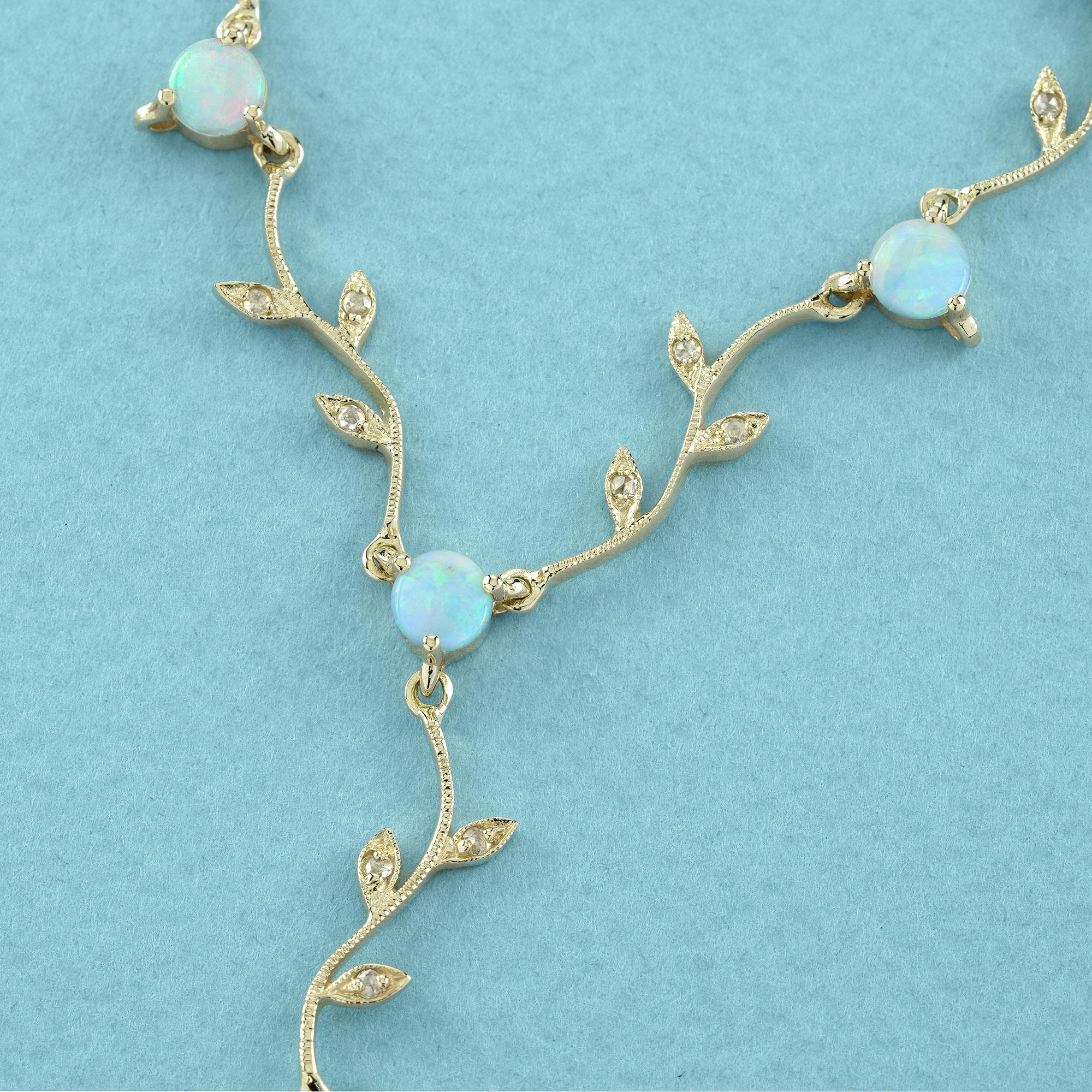 Round Cut Natural Opal and Diamond Victorian Style Floral Vine Necklace in 9K Yellow Gold For Sale