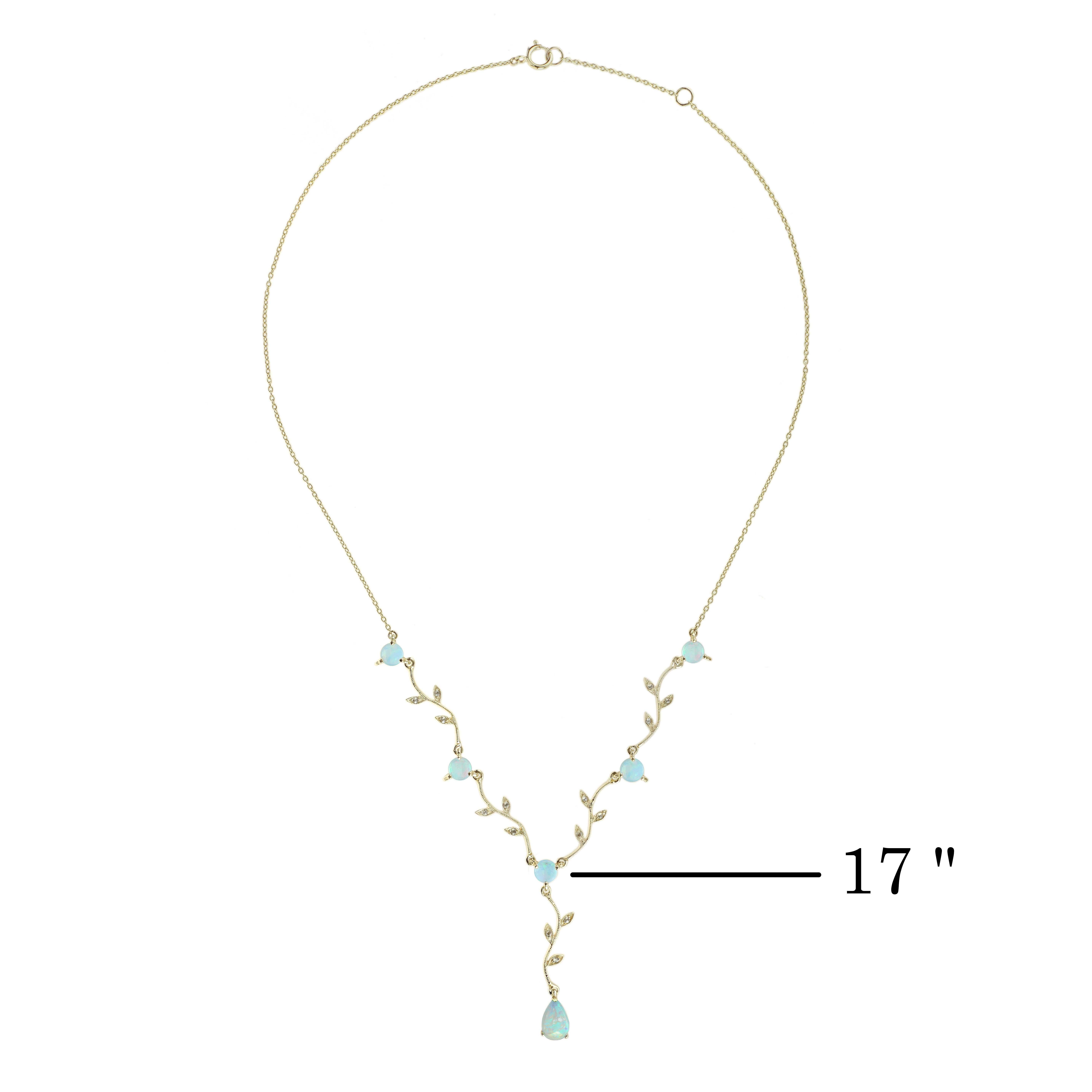 Natural Opal and Diamond Victorian Style Floral Vine Necklace in 9K Yellow Gold For Sale 1