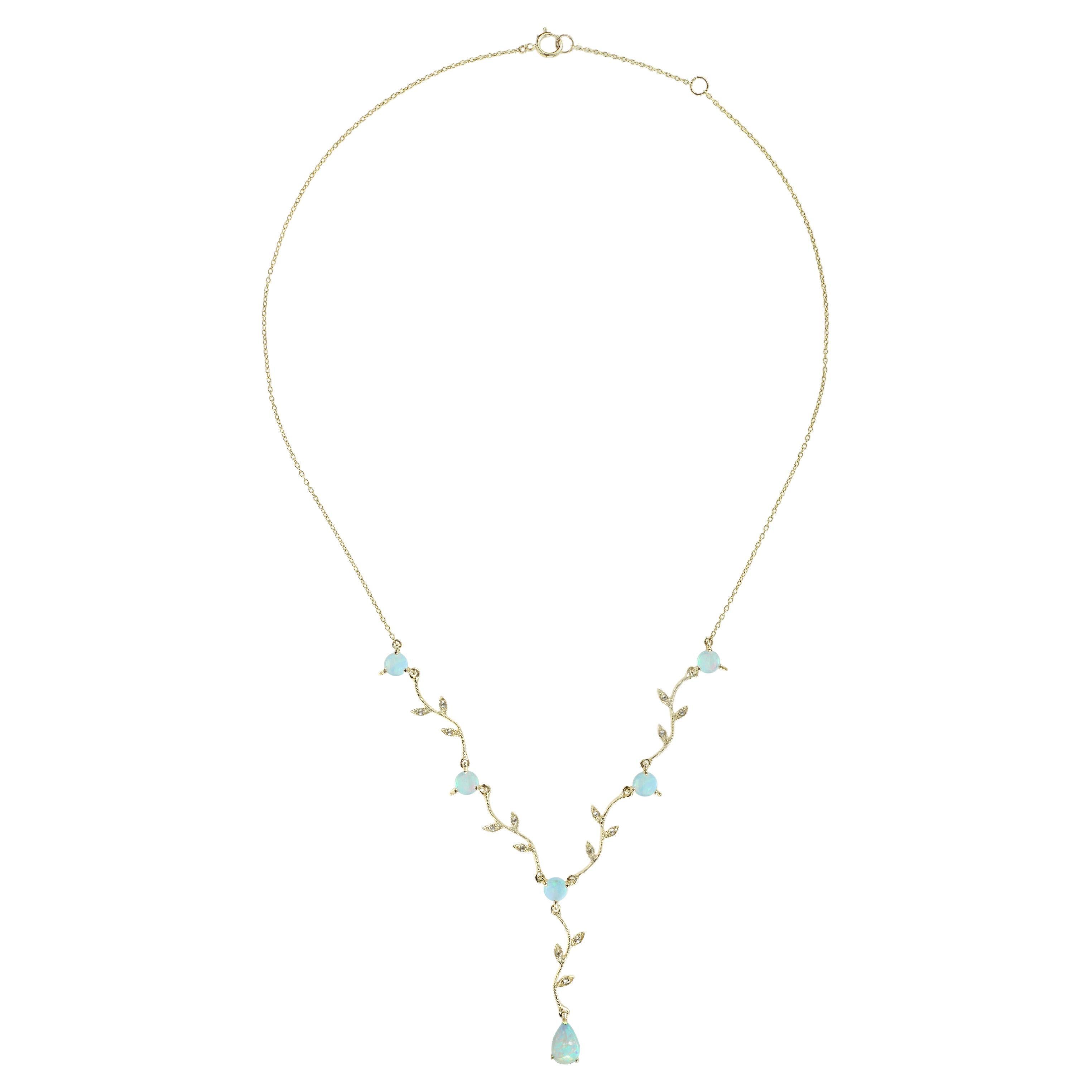 Natural Opal and Diamond Victorian Style Floral Vine Necklace in 9K Yellow Gold For Sale