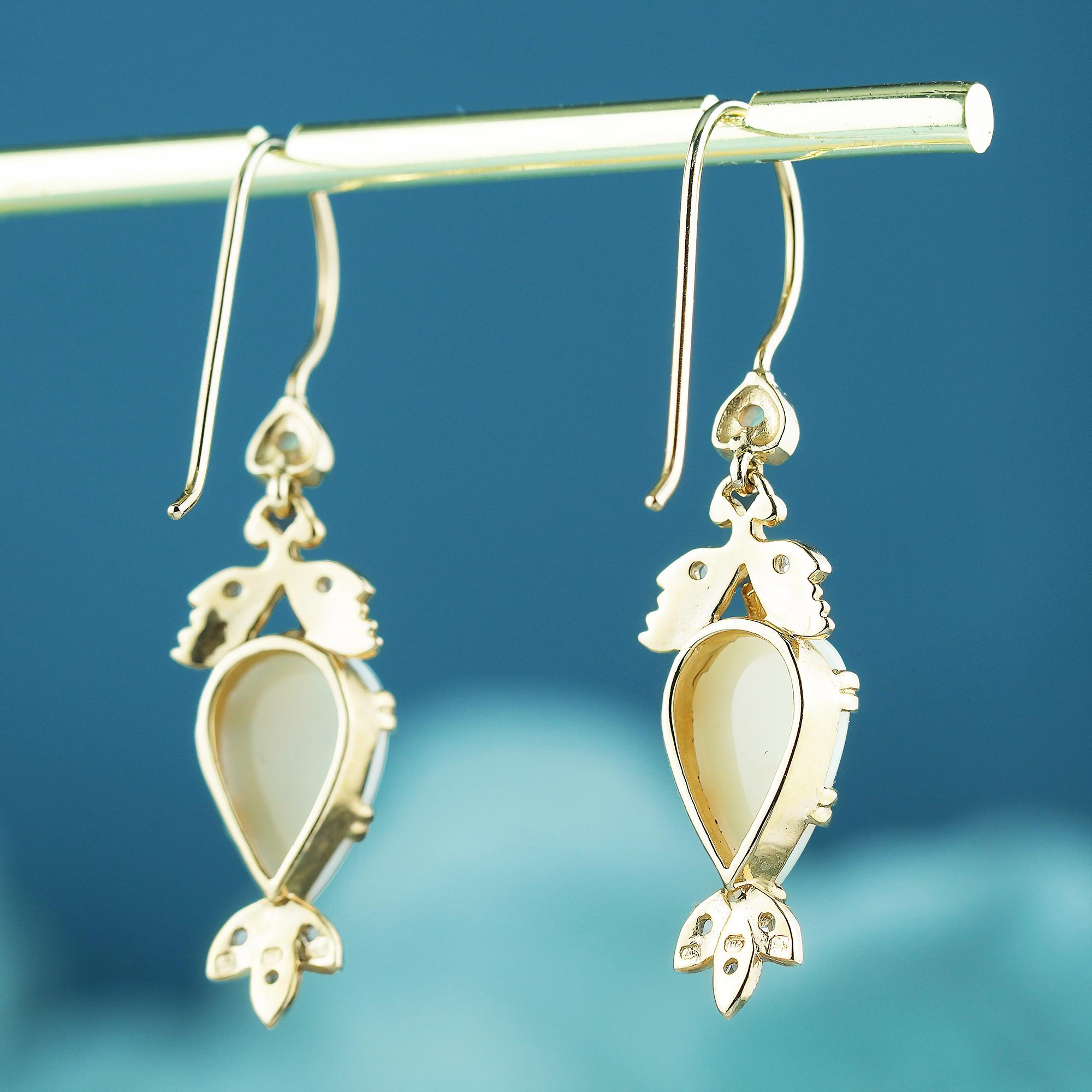 Pear Cut Natural Opal and Diamond Vintage Style Floral Drop Earrings in Solid 9K Gold For Sale