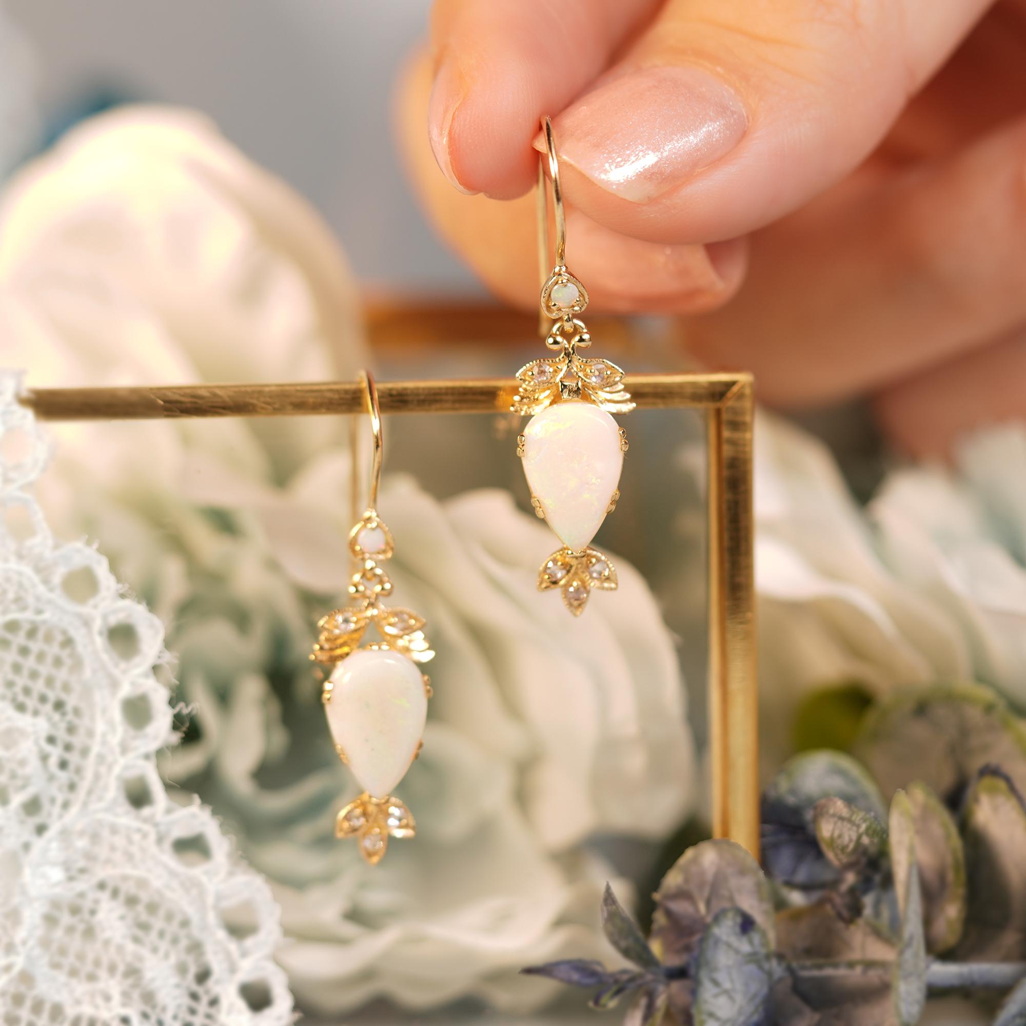 Women's Natural Opal and Diamond Vintage Style Floral Drop Earrings in Solid 9K Gold For Sale