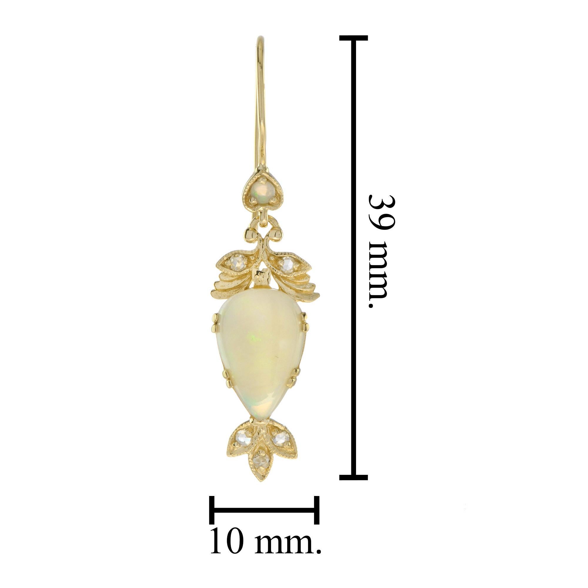 Natural Opal and Diamond Vintage Style Floral Drop Earrings in Solid 9K Gold For Sale 1