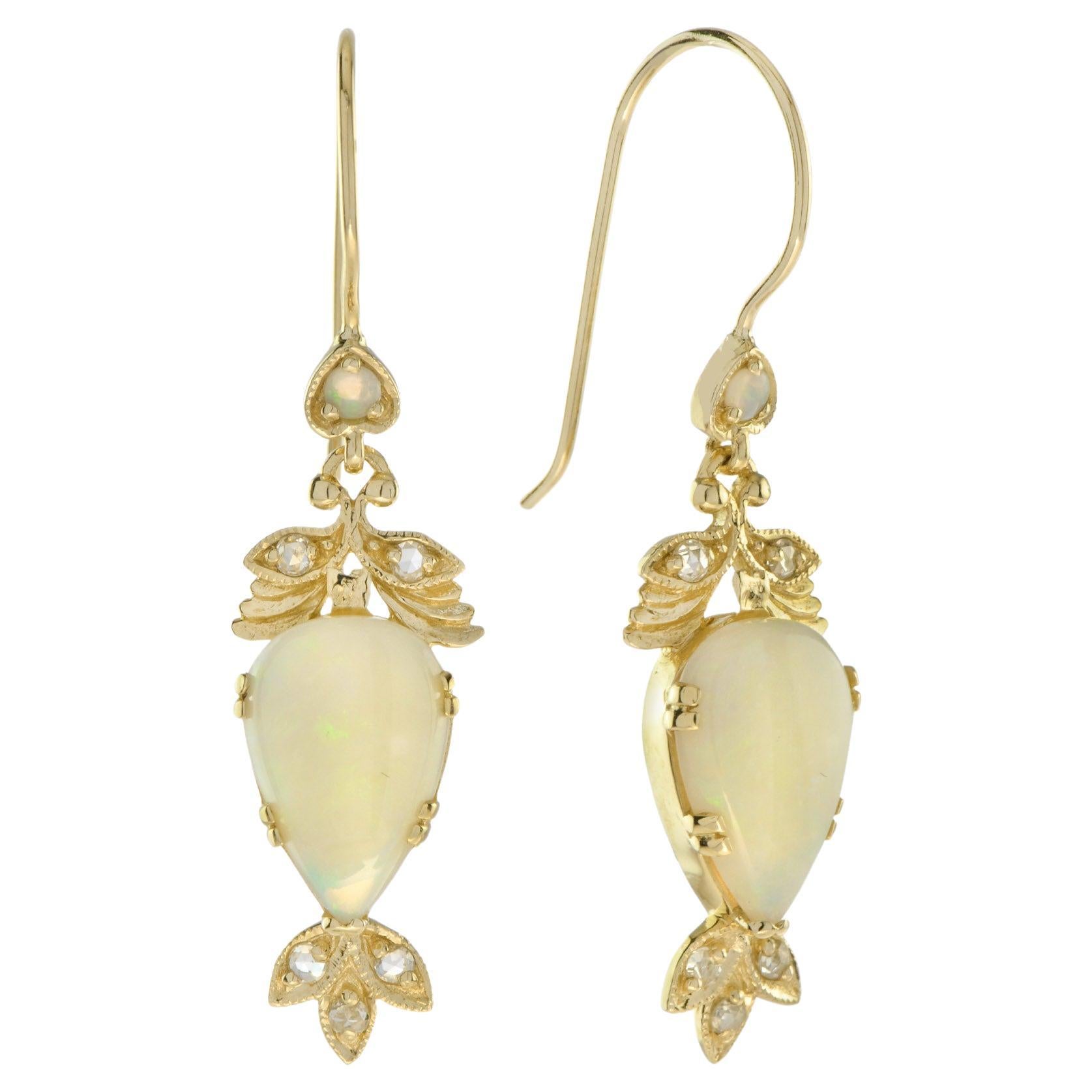 Pendientes Gota Floral Estilo Vintage de Ópalo Natural y Diamante en Oro Macizo de 9 K