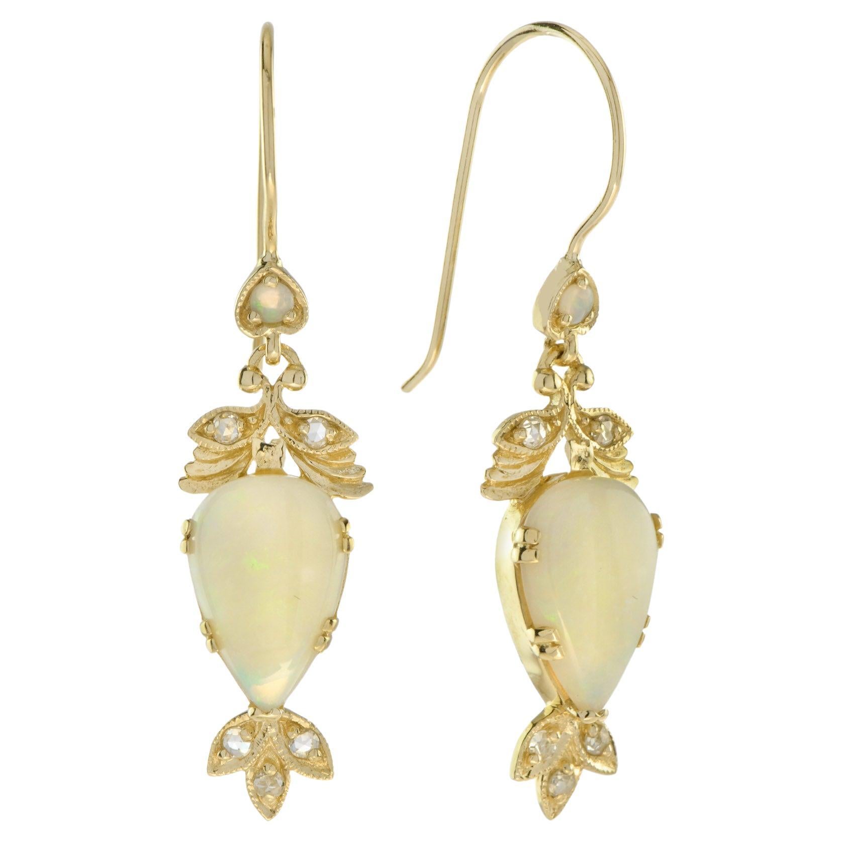 Natural Opal and Diamond Vintage Style Floral Drop Earrings in Solid 9K Gold For Sale