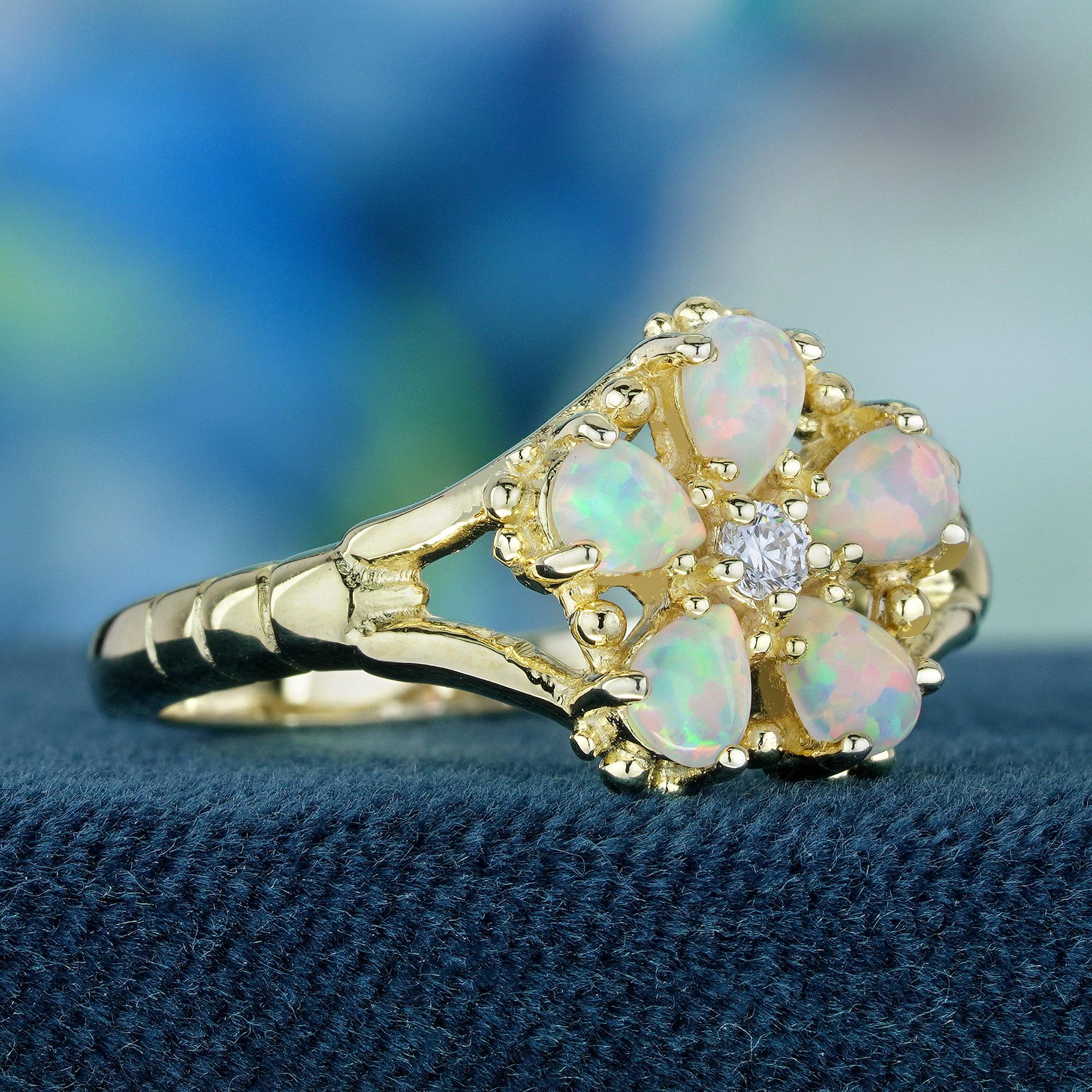 Edwardian Natural Opal and Diamond Vintage Style Floral Ring in Solid 9K Yellow Gold For Sale