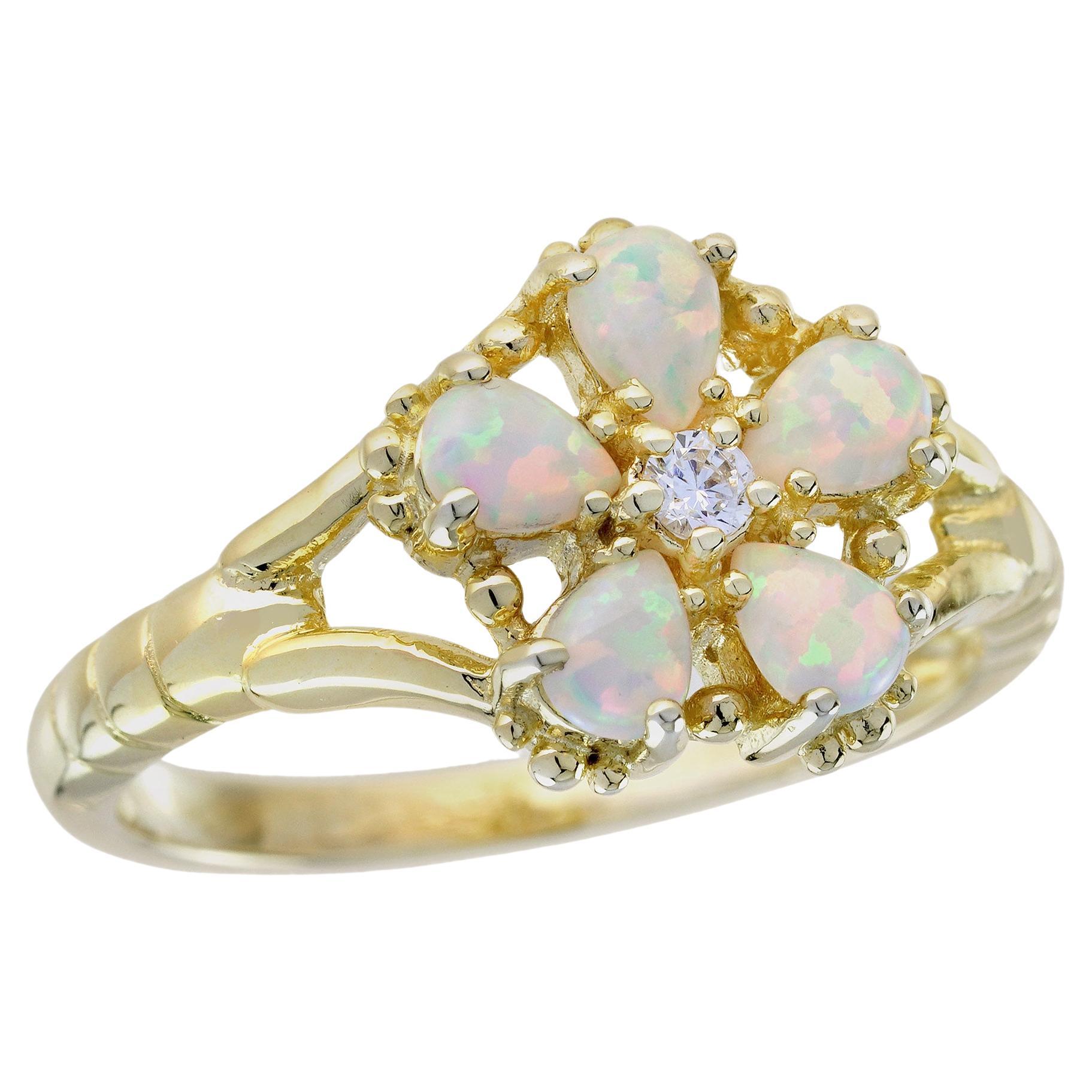 Natural Opal and Diamond Vintage Style Floral Ring in Solid 9K Yellow Gold
