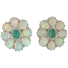Natural Opal and Emerald Cabochon Studs Set in 18 Karat Gold with Diamond