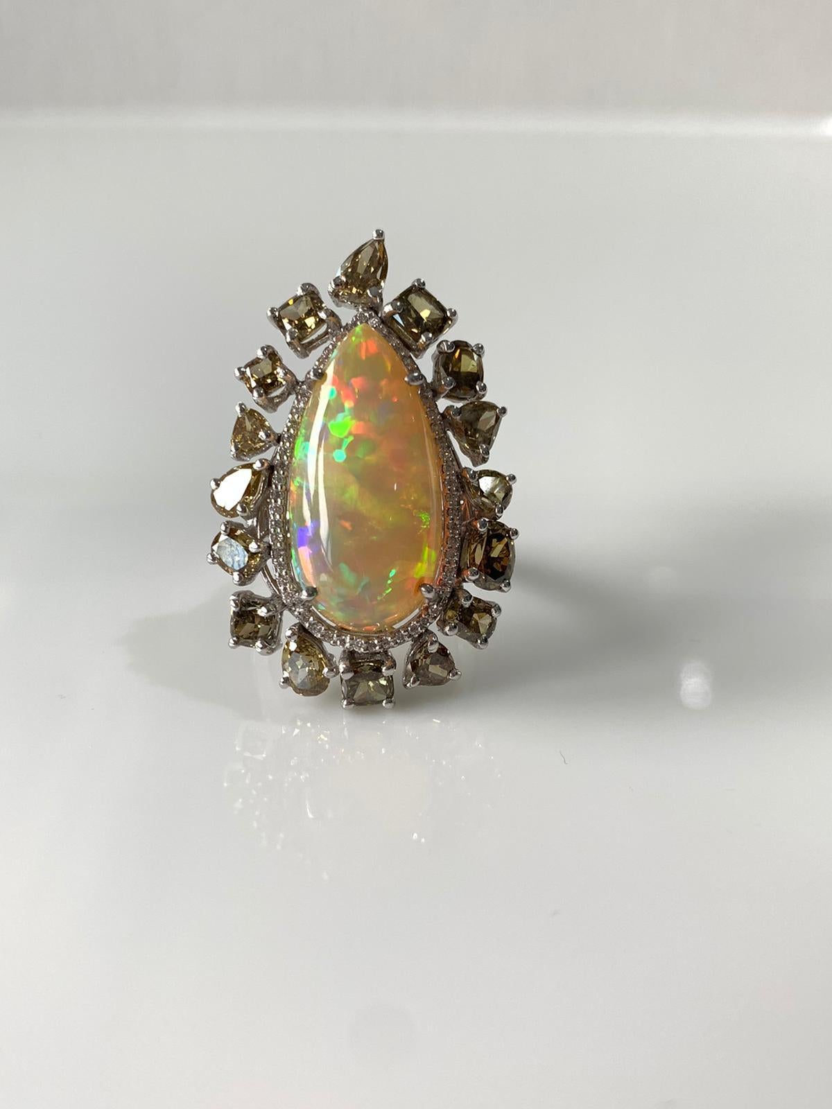 Cabochon Natural Opal and Fancy Diamond Ring Set in 18 Karat Gold