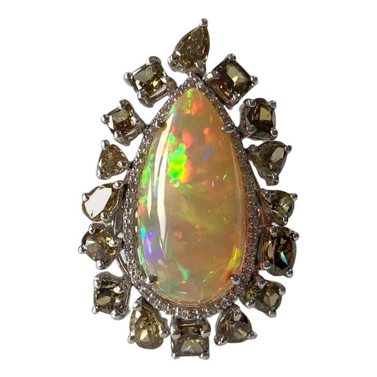 Natural Opal and Fancy Diamond Ring Set in 18 Karat Gold