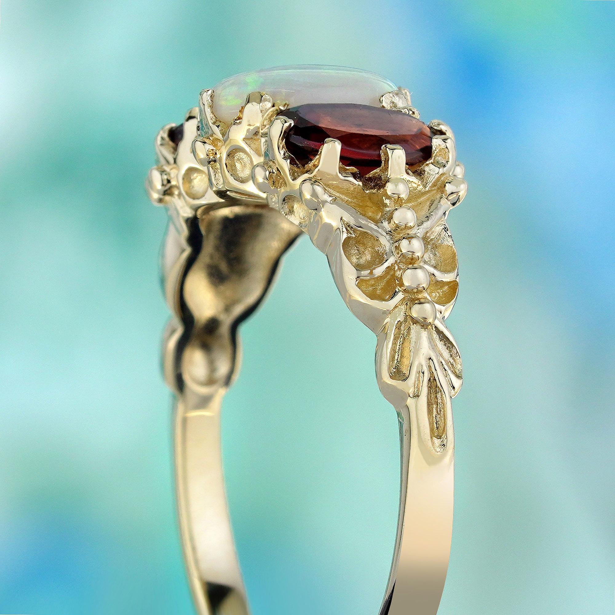 Bague à trois pierres de style vintage en or jaune massif 9 carats, opale naturelle et grenat Pour femmes en vente