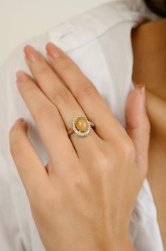 Oval Opal Halo Diamond Ring in 18k Solid White Gold