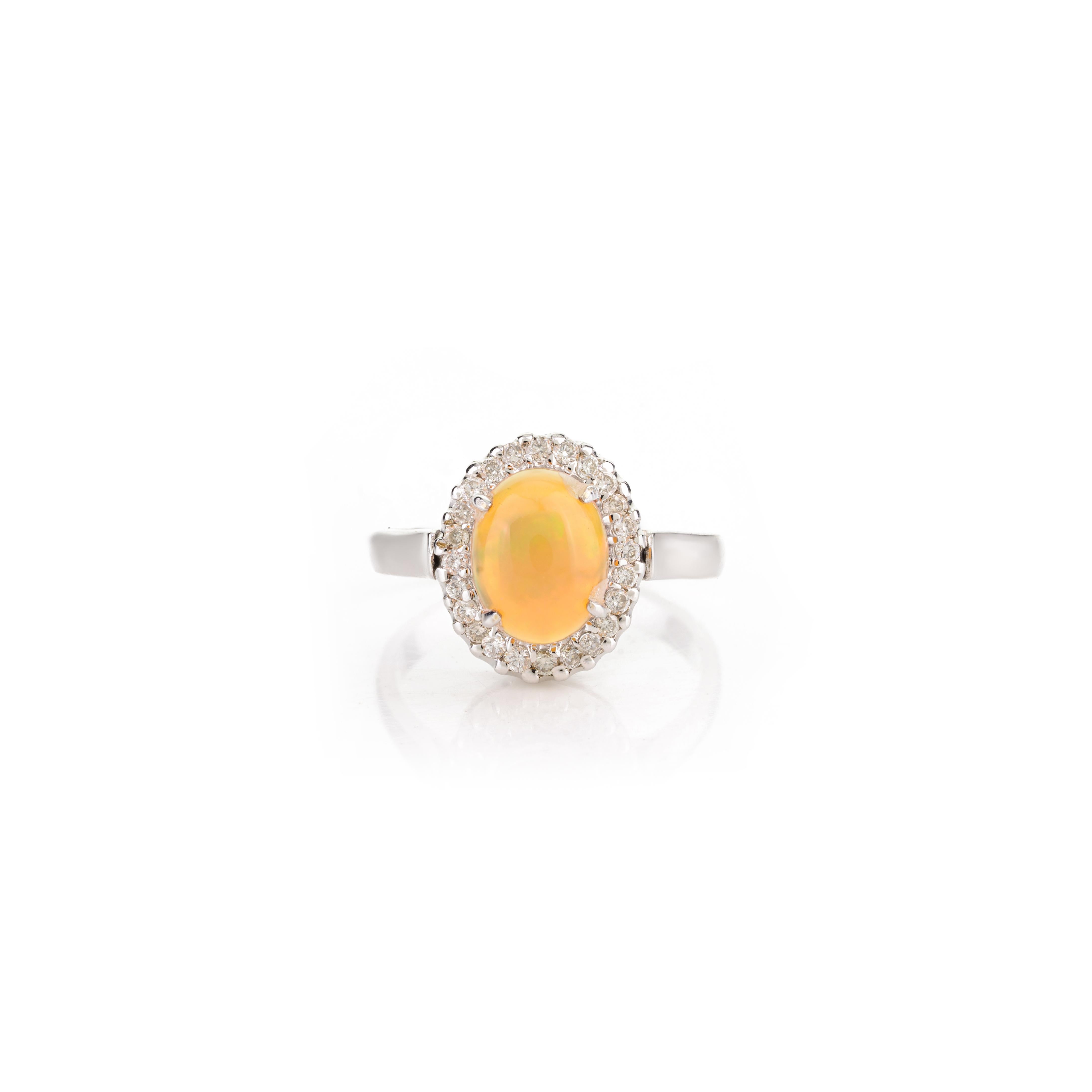 For Sale:  Natural Opal and Halo Diamond Wedding Ring in 18k Solid White Gold 7