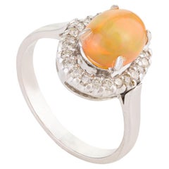 Natural Opal and Halo Diamond Wedding Ring in 18k Solid White Gold