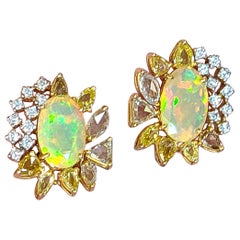 Natural Opal and Natural Diamond Studs Set in 18 Karat Gold