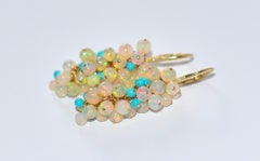 Natural Opal and Turquoise Earrings in 14K Solid Yellow Gold with Diamond Acc.