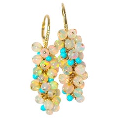Natural Opal and Turquoise Earrings in 14K Solid Yellow Gold with Diamond Acc.