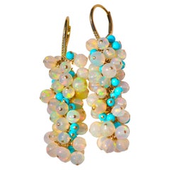 Natural Opal and Turquoise Earrings in 14K Solid Yellow Gold with Diamond Acc.