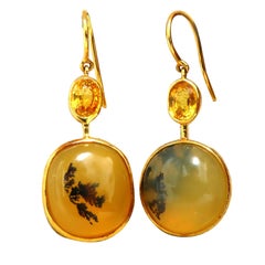 Pendants d'oreilles en or 18 carats avec opale naturelle et saphir jaune