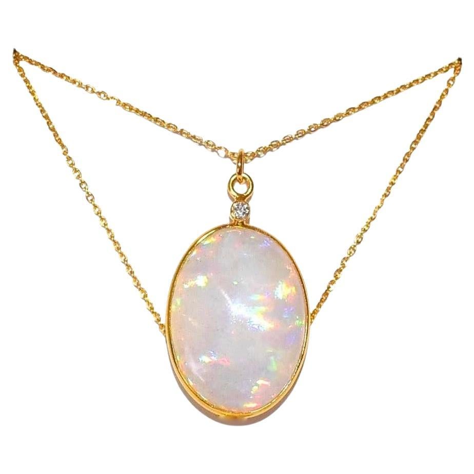  Natural Opal Bezel, Diamond Accent Necklace in 18K Solid Yellow Gold For Sale