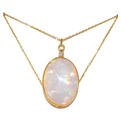  Natural Opal Bezel, Diamond Accent Necklace in 18K Solid Yellow Gold