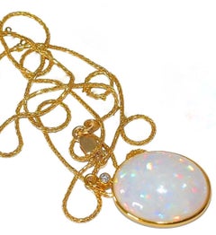 Natural Opal(14.6 carat)Bezel, Diamond Accent Necklace in 18K Solid Yellow Gold