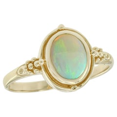 Natürlicher Opal Lünette Set Vintage-Stil Ring in massivem 9K Gelbgold