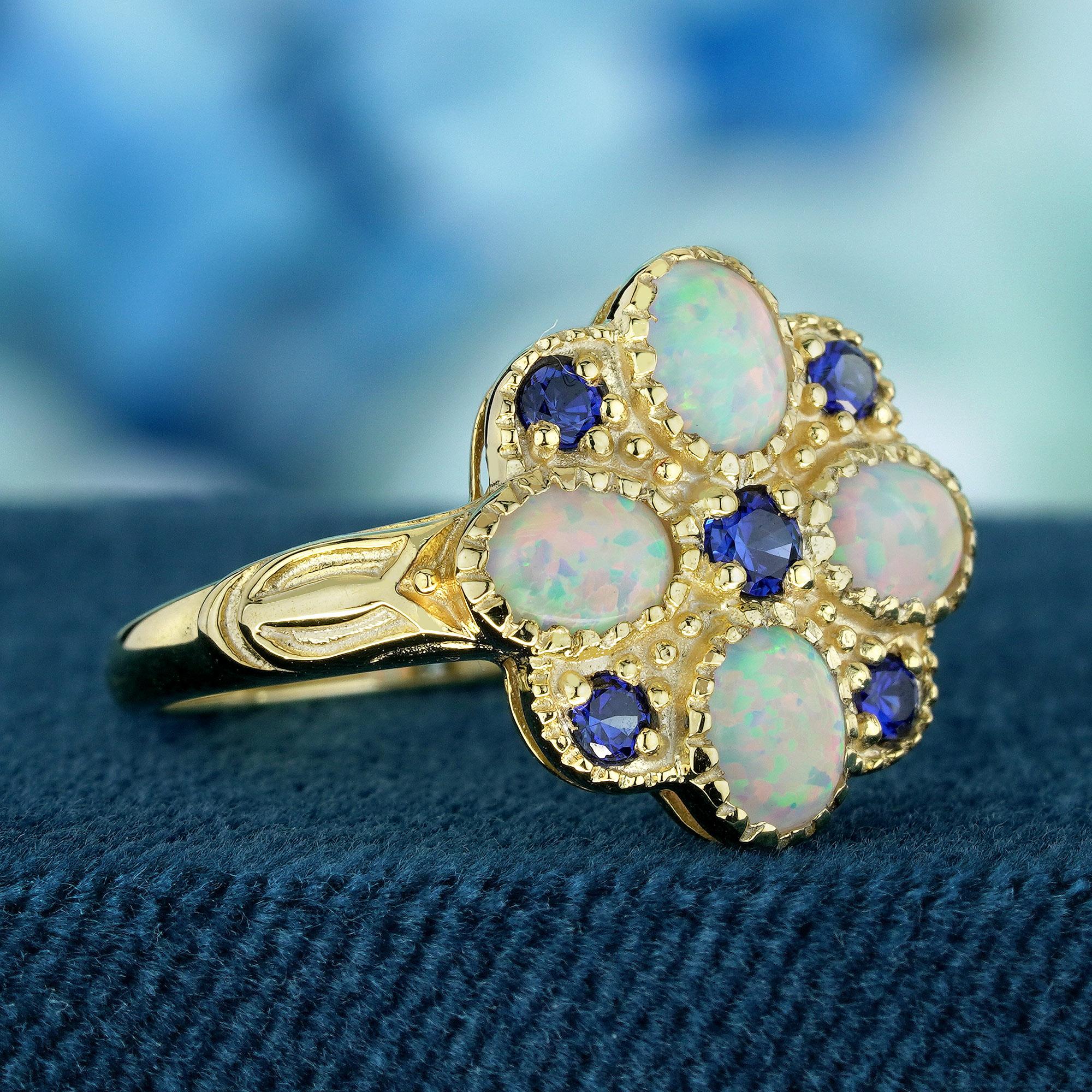 Edwardian Natural Opal Blue Sapphire Vintage Style Floral Cluster Ring in Solid 9K Gold For Sale