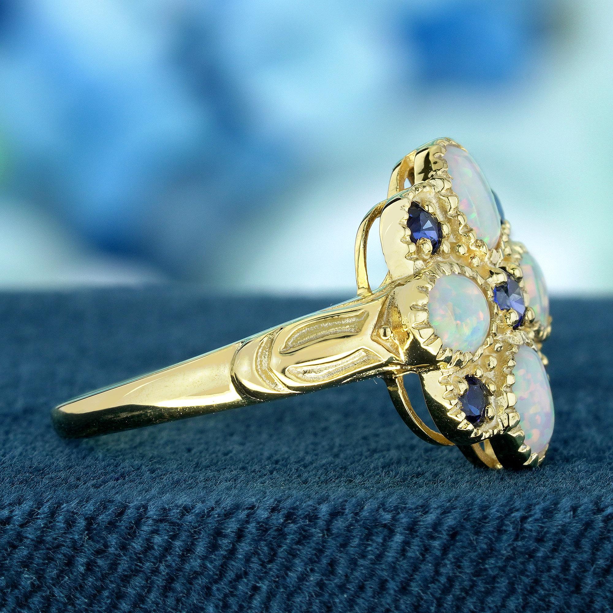 Oval Cut Natural Opal Blue Sapphire Vintage Style Floral Cluster Ring in Solid 9K Gold For Sale