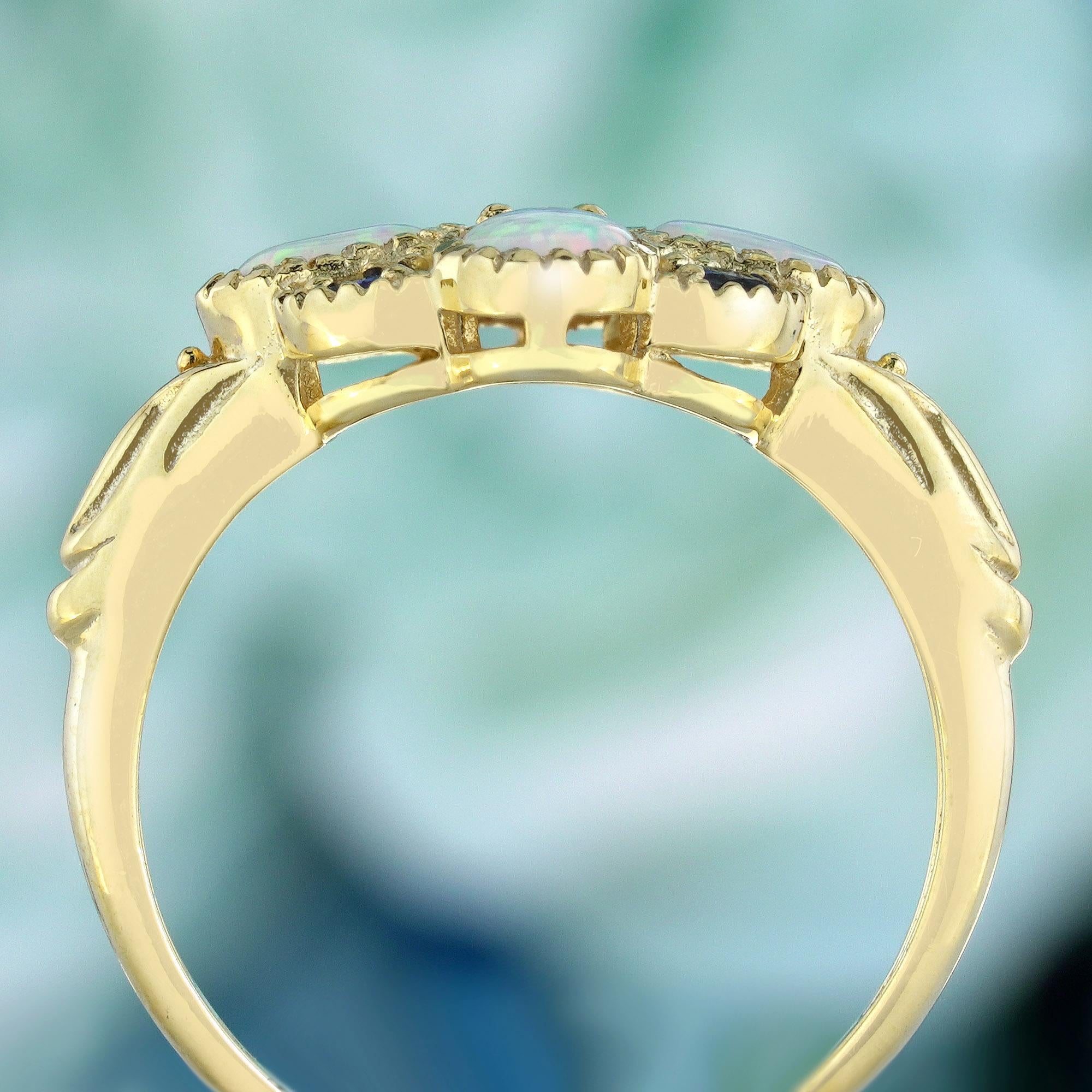 Natural Opal Blue Sapphire Vintage Style Floral Cluster Ring in Solid 9K Gold In New Condition For Sale In Bangkok, TH