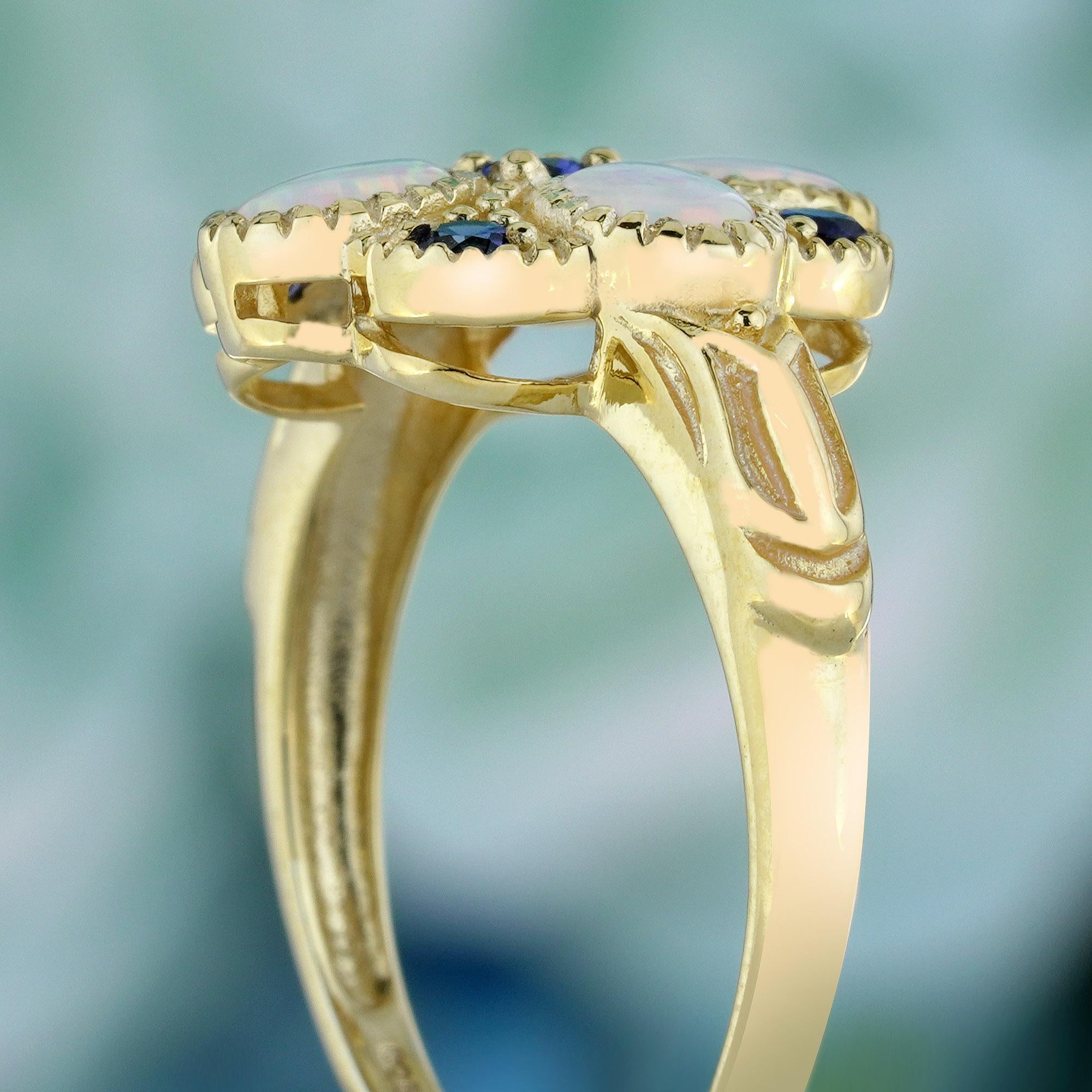 Women's Natural Opal Blue Sapphire Vintage Style Floral Cluster Ring in Solid 9K Gold For Sale
