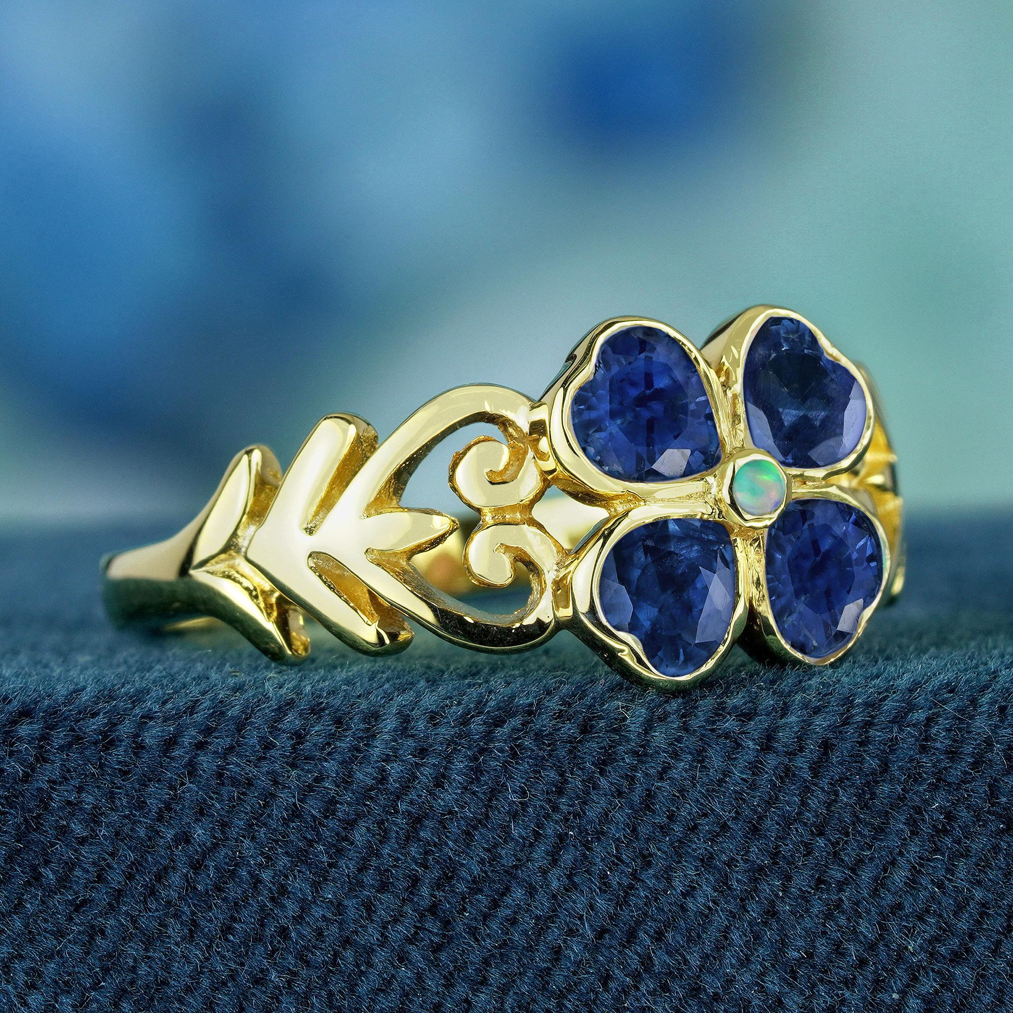 Edwardian Natural Opal Blue Sapphire Vintage Style Floral Ring in 9K Yellow Gold For Sale