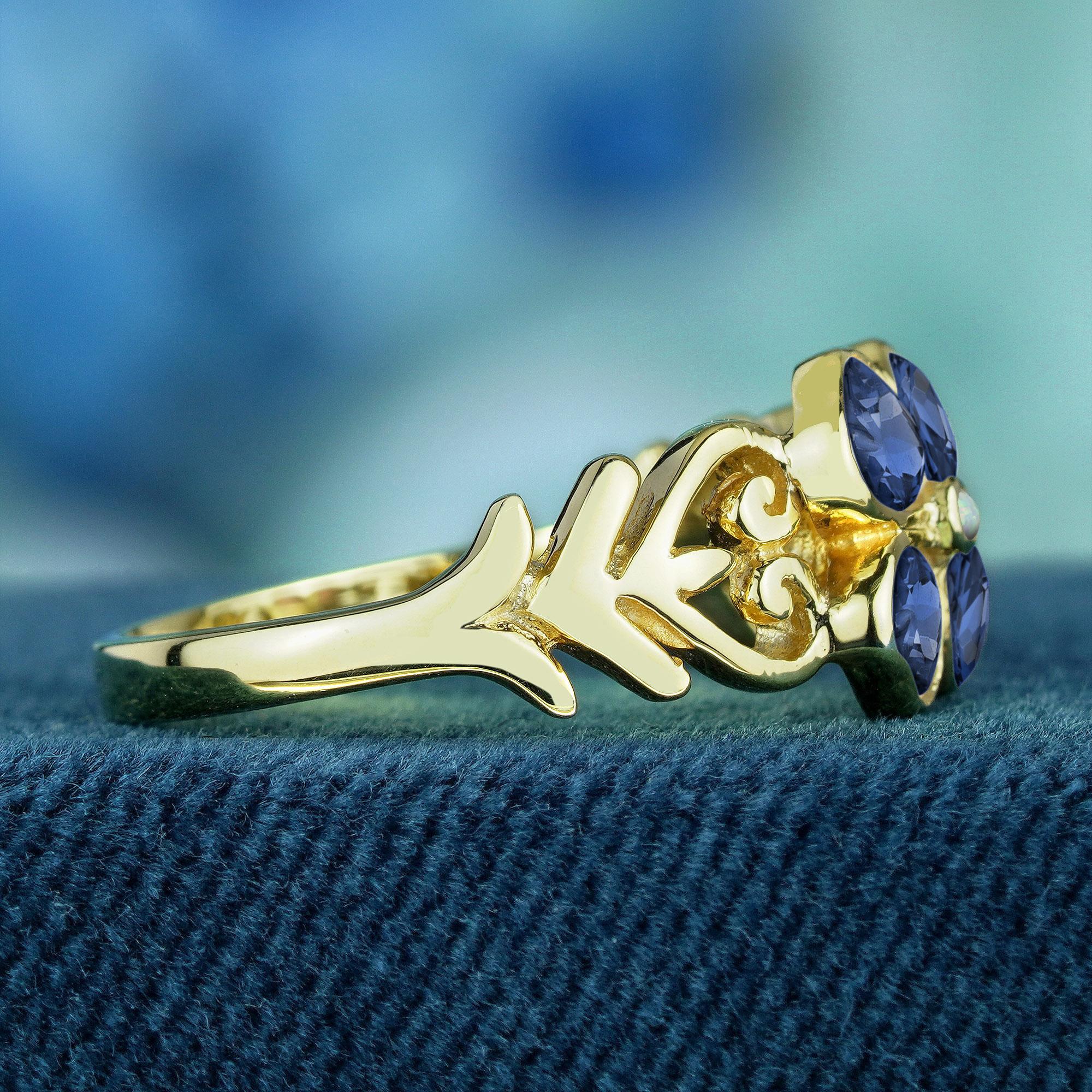 Heart Cut Natural Opal Blue Sapphire Vintage Style Floral Ring in 9K Yellow Gold For Sale