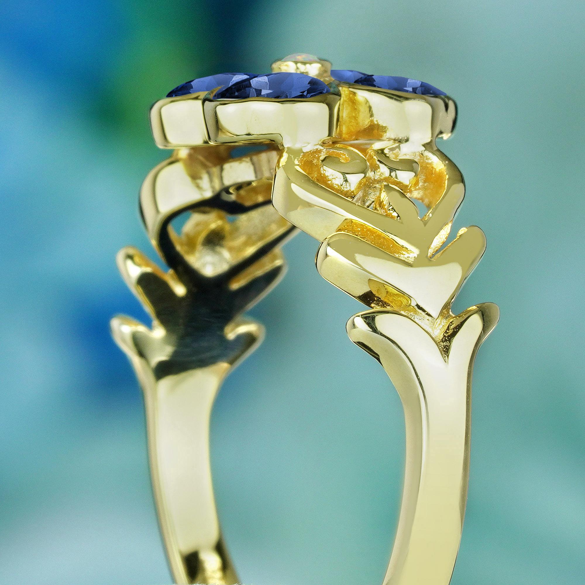 Women's Natural Opal Blue Sapphire Vintage Style Floral Ring in 9K Yellow Gold For Sale
