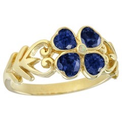 Natural Opal Blue Sapphire Vintage Style Floral Ring in 9K Yellow Gold