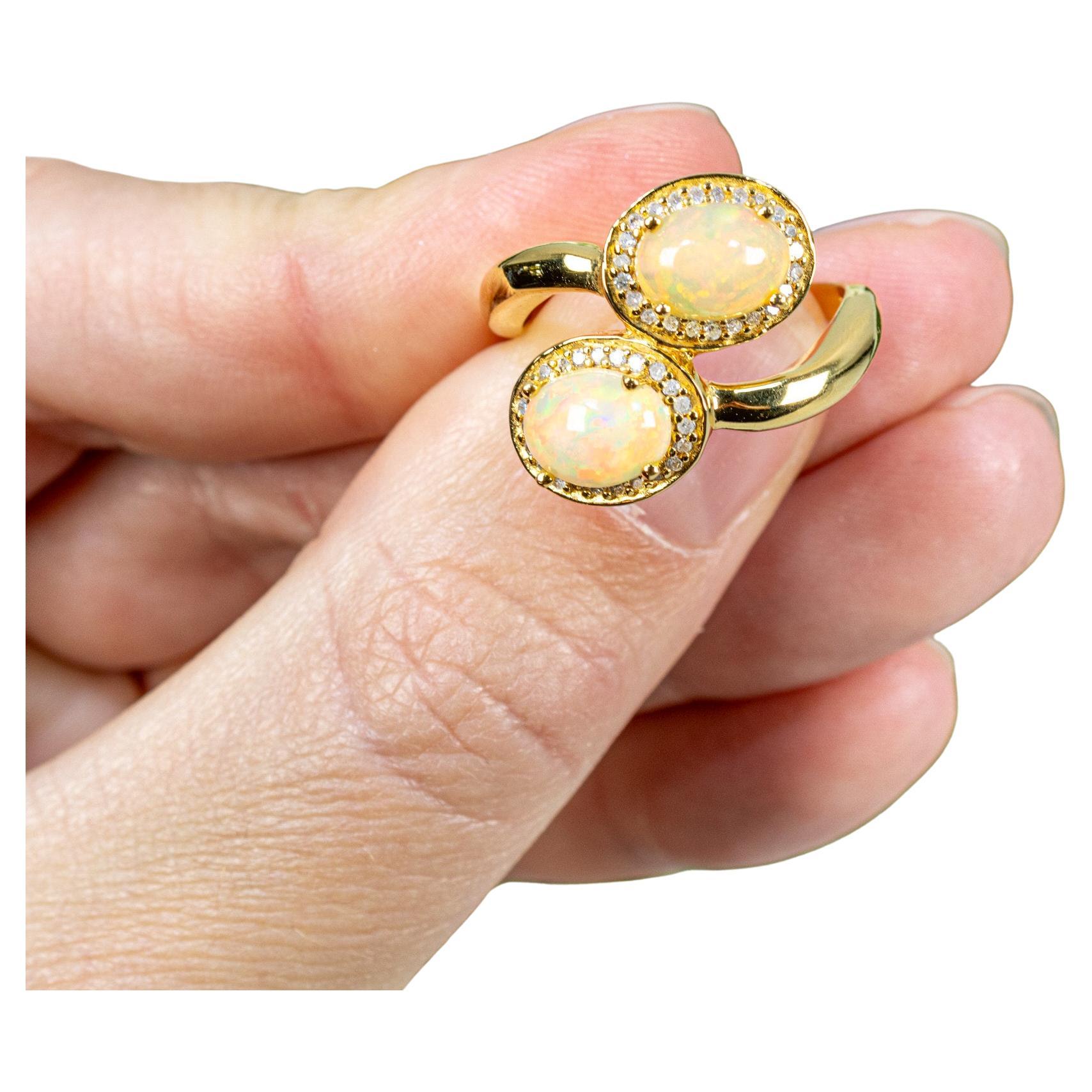 Bague bypass en argent plaqué or jaune 24 carats avec opale naturelle et diamants 1,91 carats