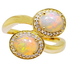 Natural Opal Bypass Ring With Diamonds 1.91 Carats 24K Yellow Gold Plated Silver