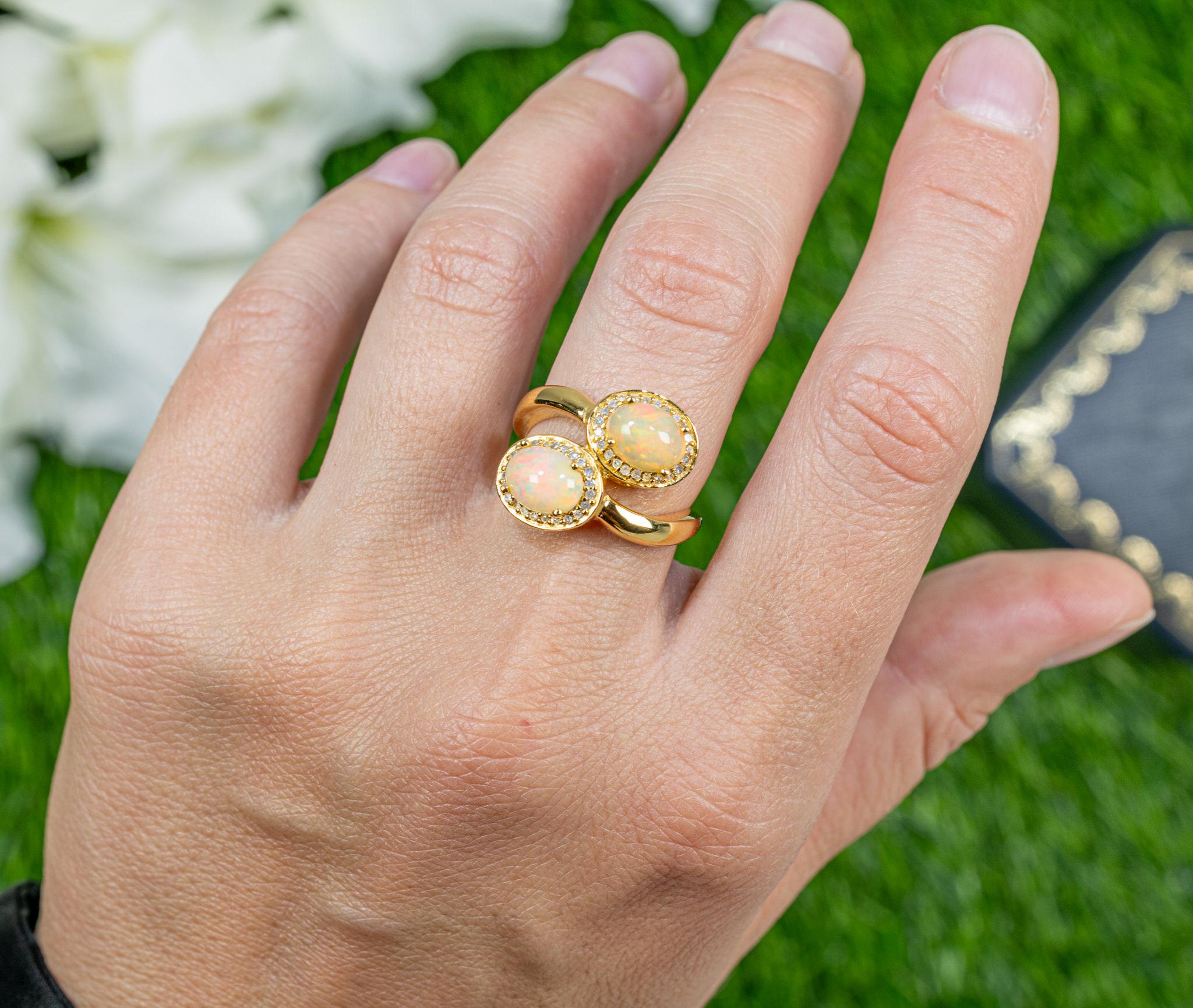 Contemporary Natural Opal Bypass Ring With Diamonds 1.91 Carats 24K Yellow Gold Plated Silver For Sale