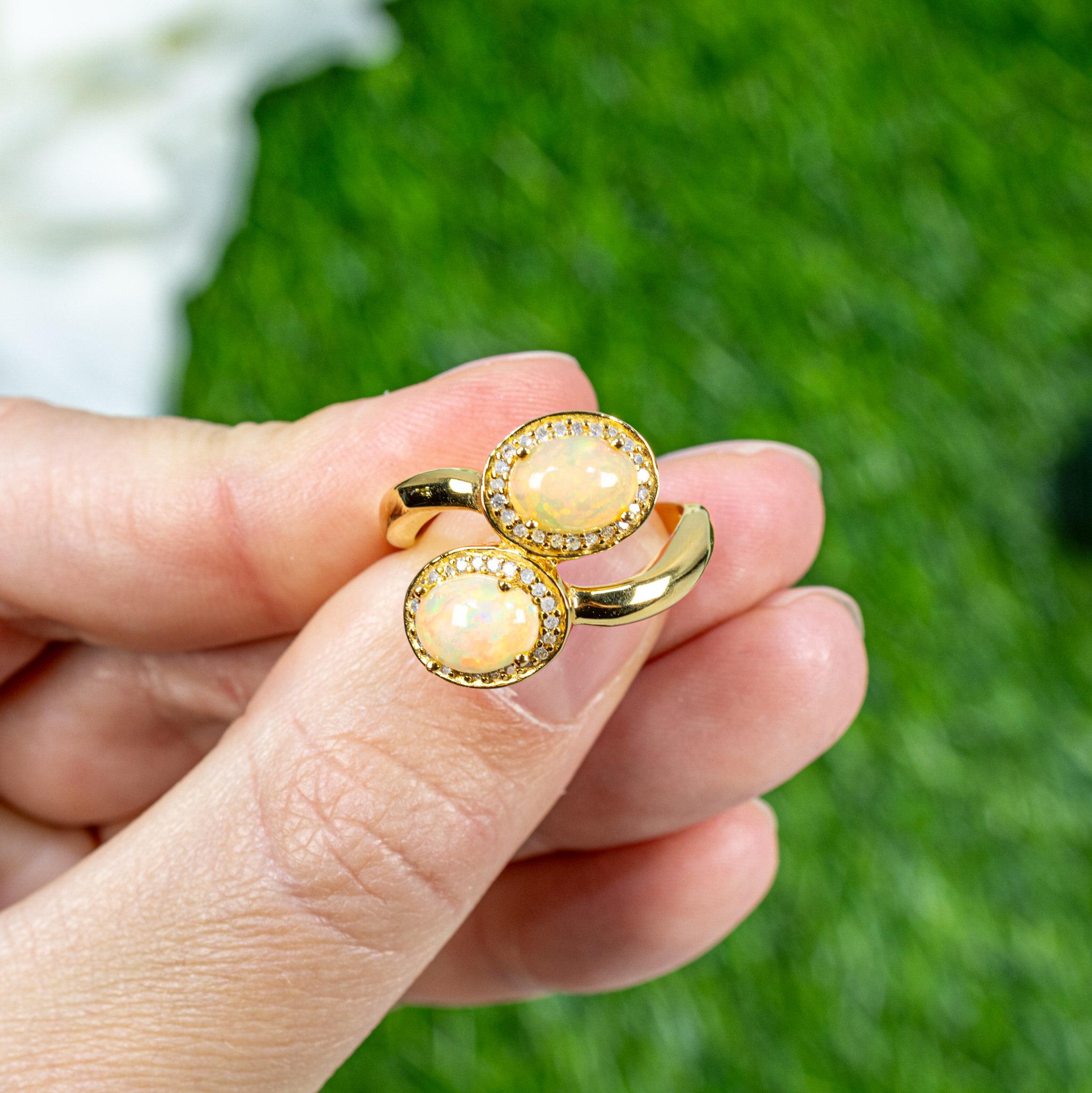 Cabochon Natural Opal Bypass Ring With Diamonds 1.91 Carats 24K Yellow Gold Plated Silver For Sale