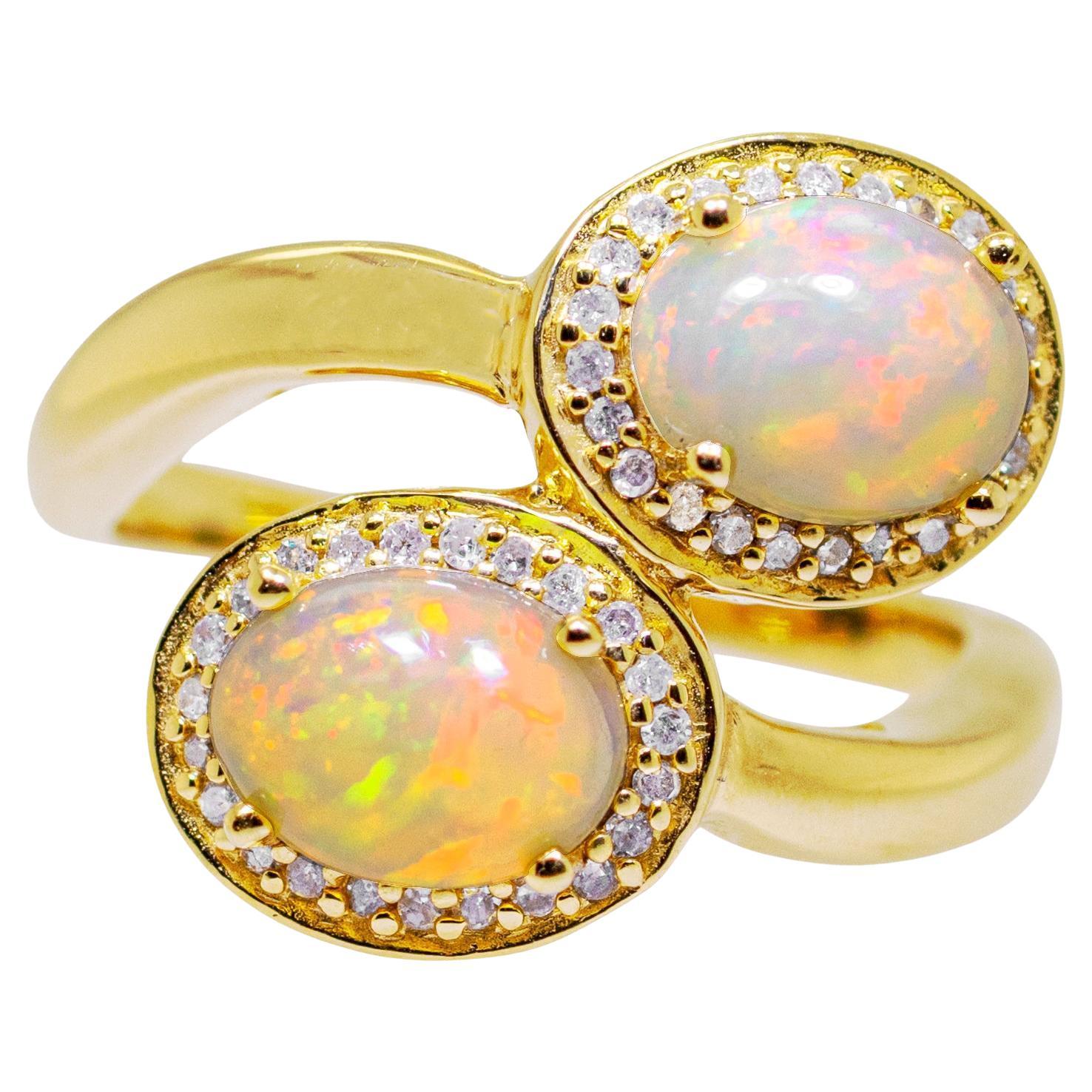 Natural Opal Bypass Ring With Diamonds 1.91 Carats 24K Yellow Gold Plated Silver For Sale