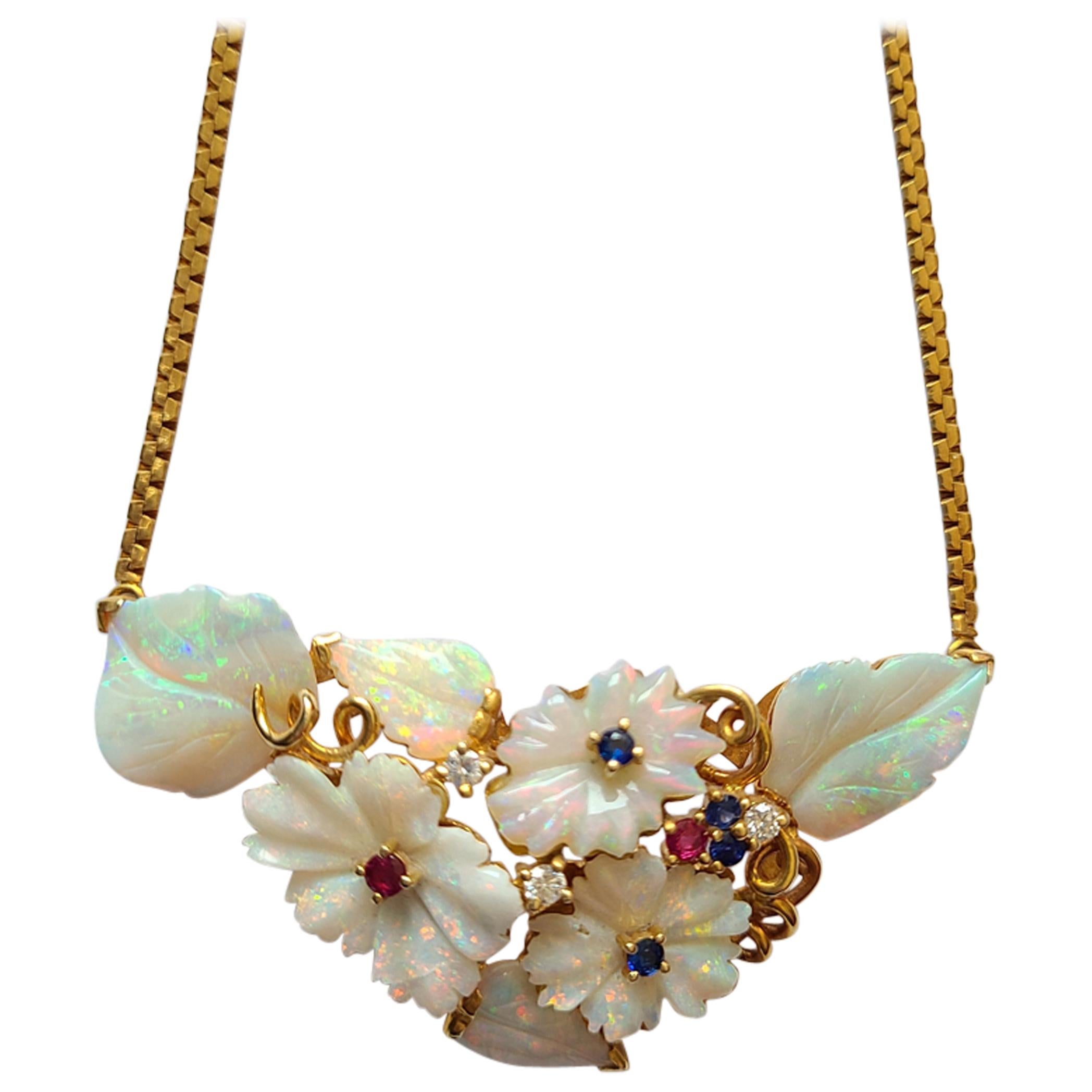 Natural Opal Carving Pendant Necklace in 18 Karat Gold with Sapphire and Ruby