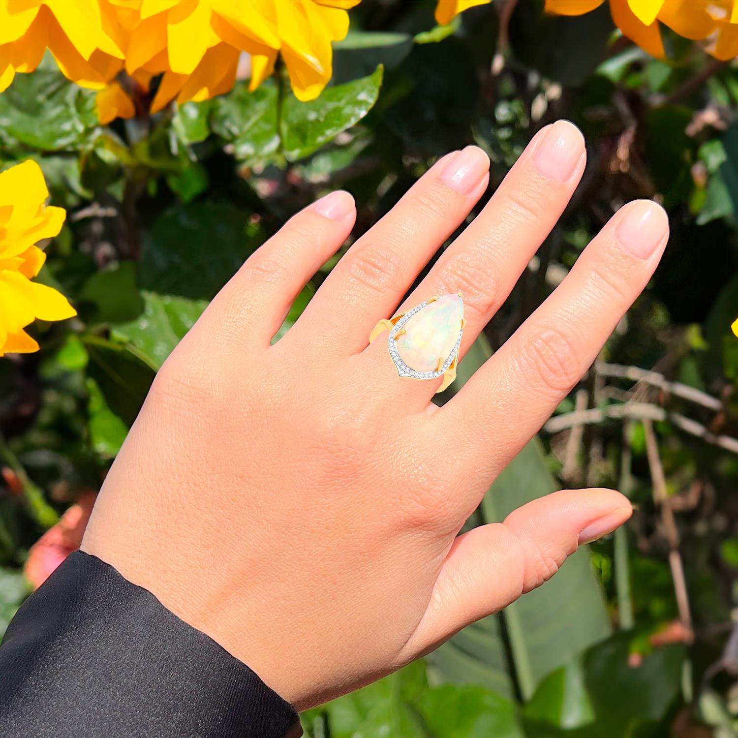 Cabochon Natural Opal Cocktail Ring Diamond Halo 7.86 Carats 14K Yellow Gold For Sale