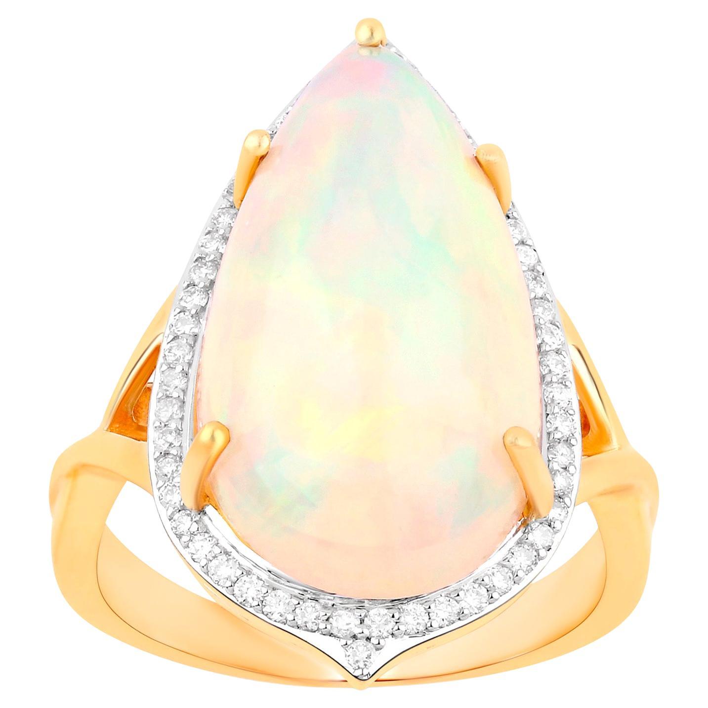Natural Opal Cocktail Ring Diamond Halo 7.86 Carats 14K Yellow Gold