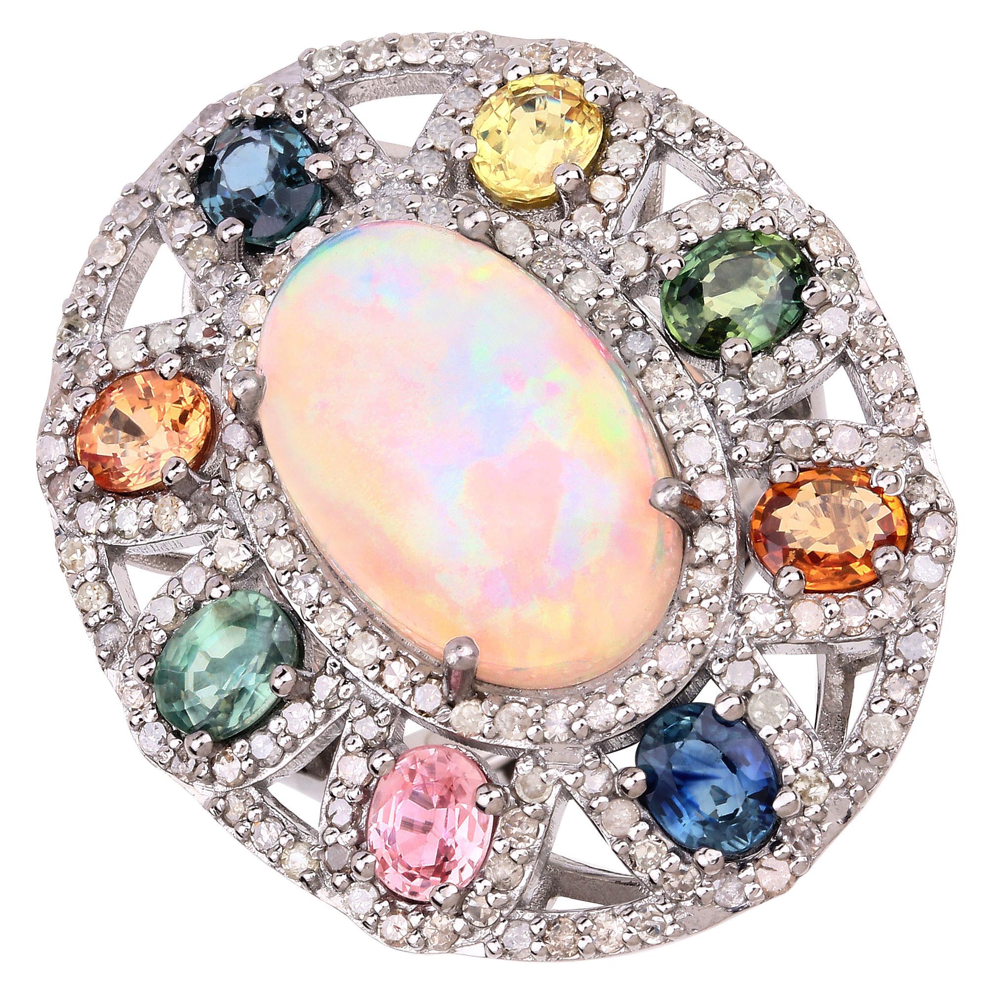 Contemporary Natural Opal Cocktail Ring Set With Multicolor Sapphires and Diamonds 11 Carats For Sale