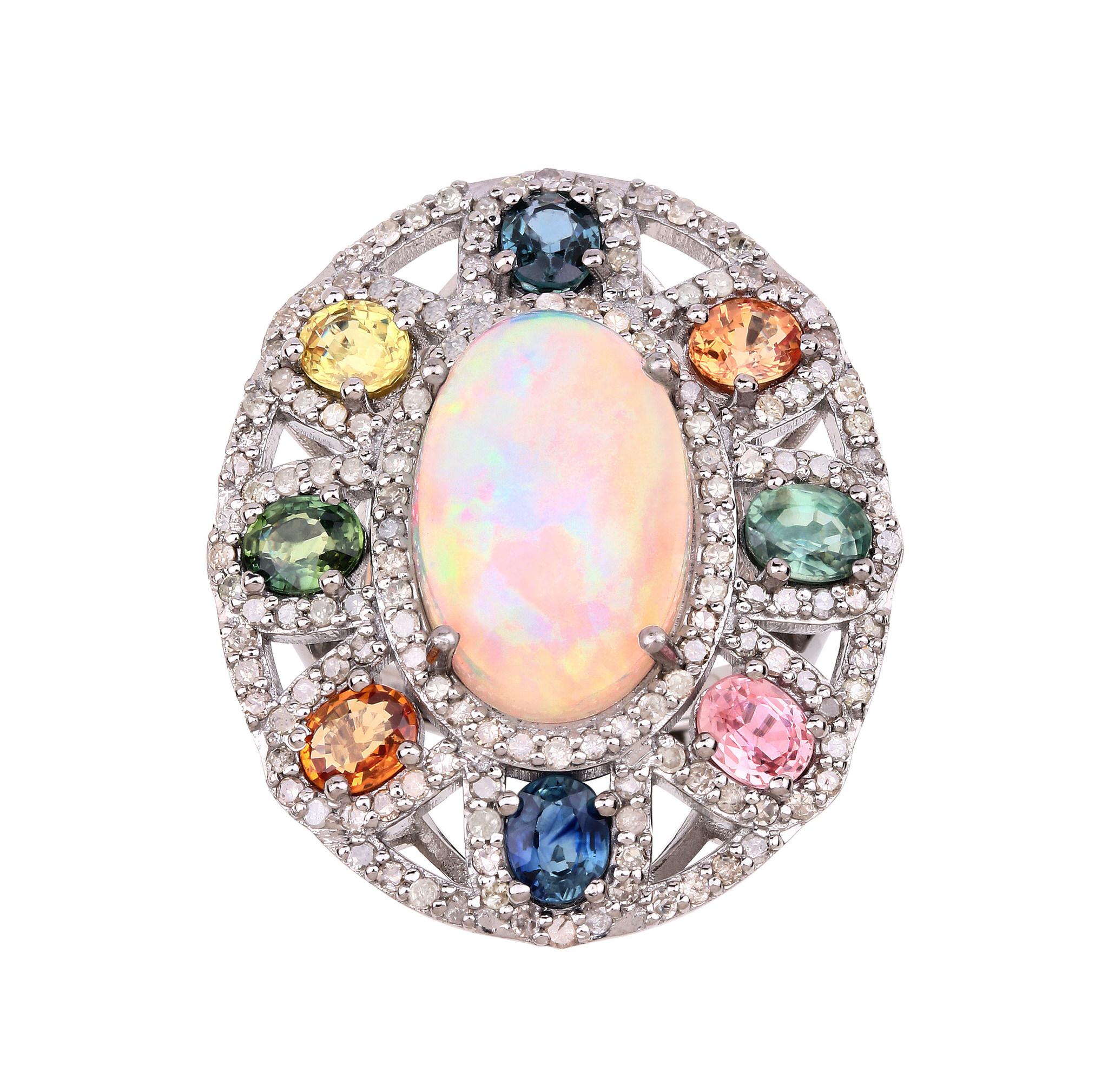 Mixed Cut Natural Opal Cocktail Ring Set With Multicolor Sapphires and Diamonds 11 Carats For Sale